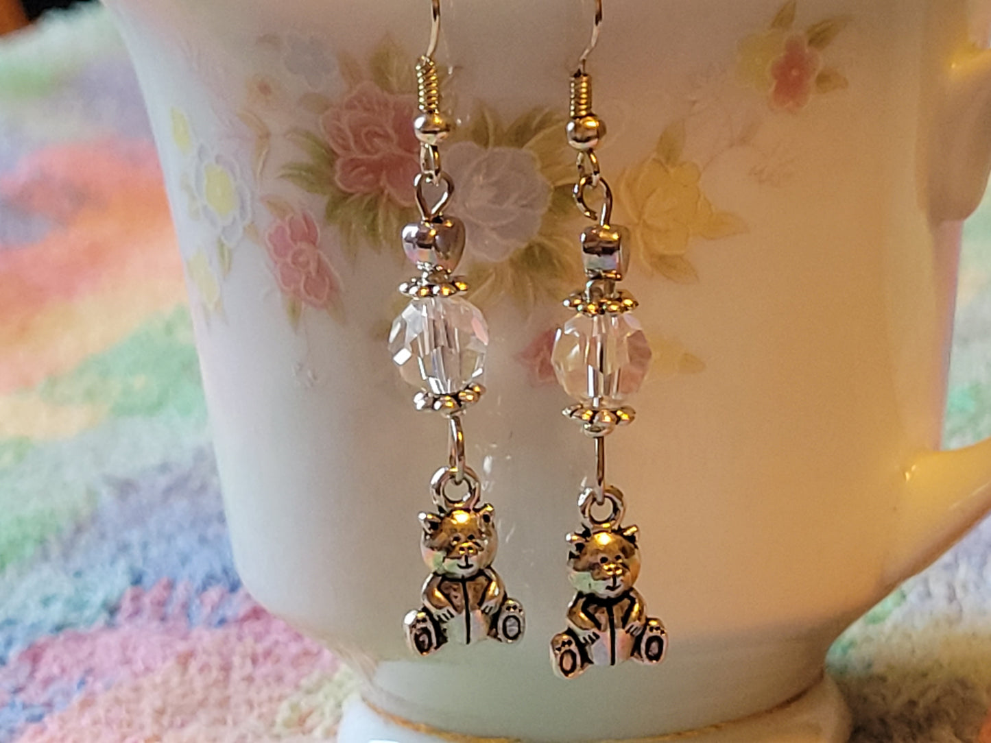 TEDDY BEAR 🧸 Clear Crystal Dangle Drop Silver Tone Pierced Earrings French wires