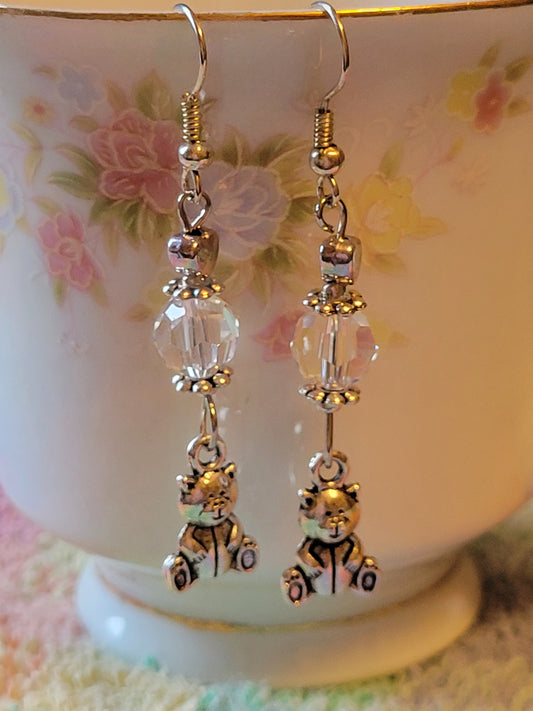 TEDDY BEAR 🧸 Clear Crystal Dangle Drop Silver Tone Pierced Earrings French wires