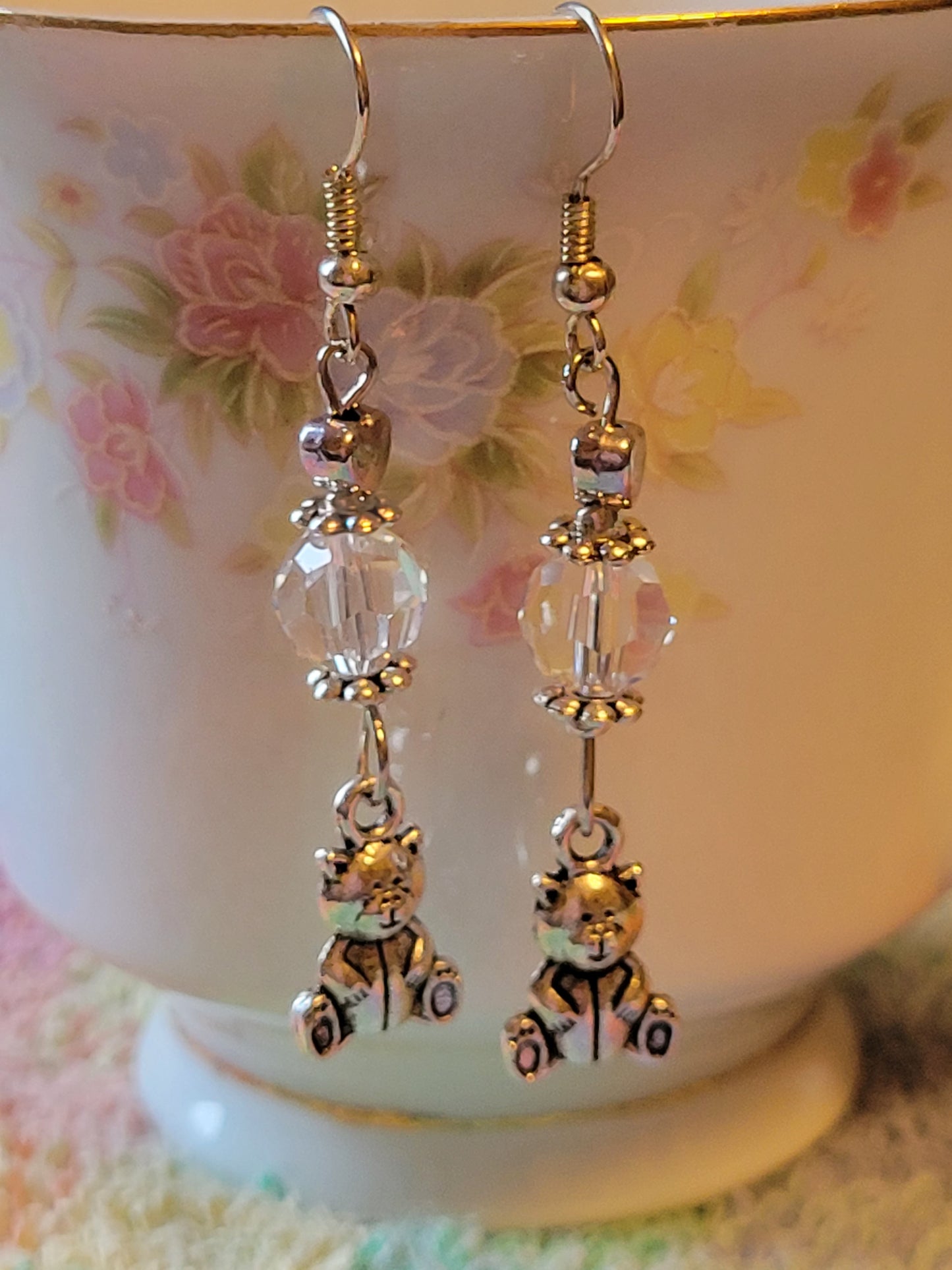 TEDDY BEAR 🧸 Clear Crystal Dangle Drop Silver Tone Pierced Earrings French wires