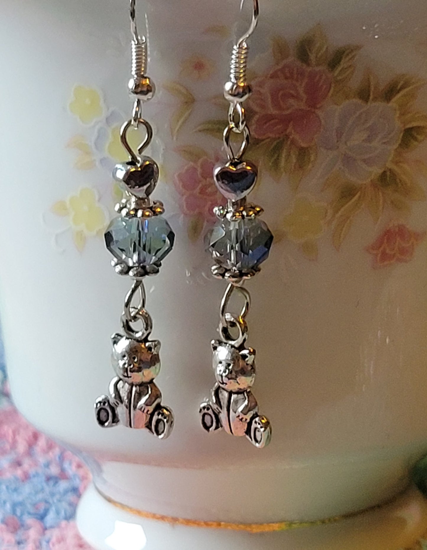 TEDDY BEAR 🧸 HOOP Earrings Blue Crystals Silver Tone Pierced Fashion Earrings
