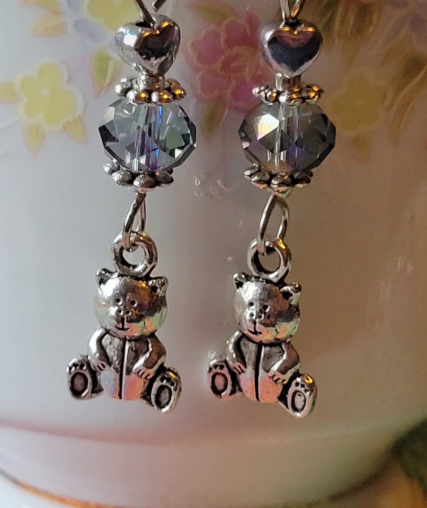 TEDDY BEAR 🧸 Purple Crystal Dangle Drop Silver Tone Pierced Earrings French wires