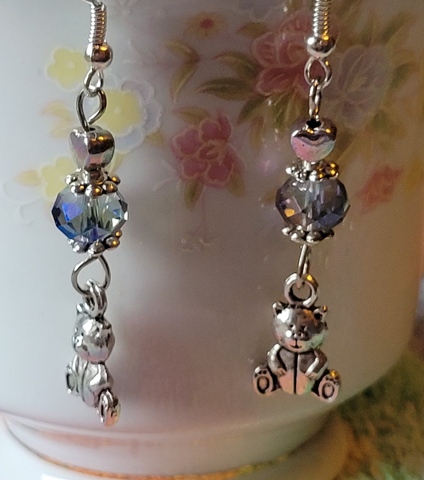 TEDDY BEAR 🧸 Purple Crystal Dangle Drop Silver Tone Pierced Earrings French wires