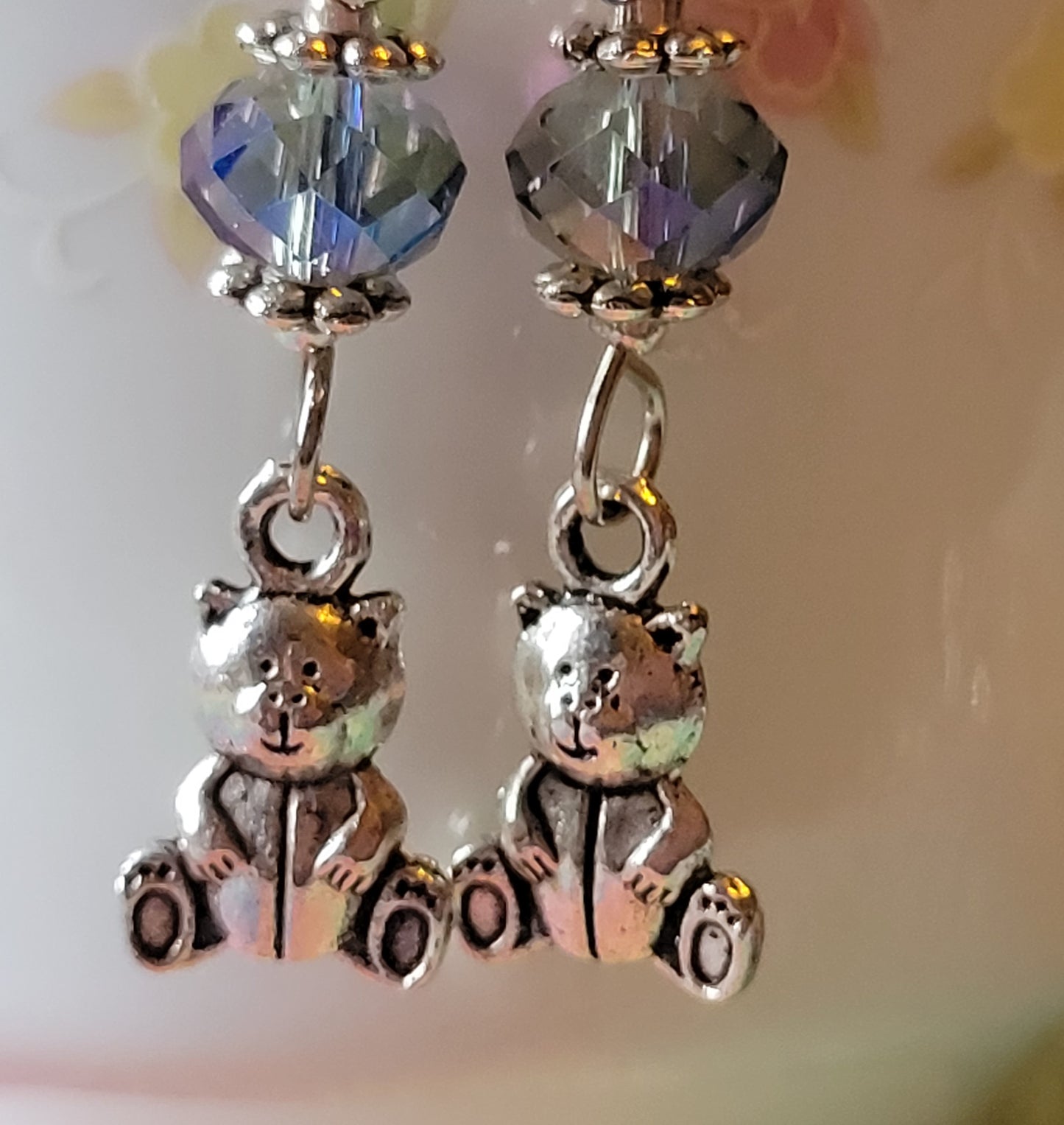 TEDDY BEAR 🧸 Purple Crystal Dangle Drop Silver Tone Pierced Earrings French wires