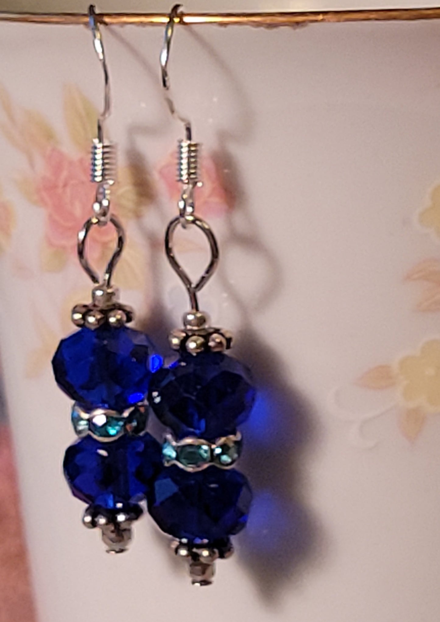 Artisan Royal Blue Crystal Dangle Drop Silvertone Earrings French Wire