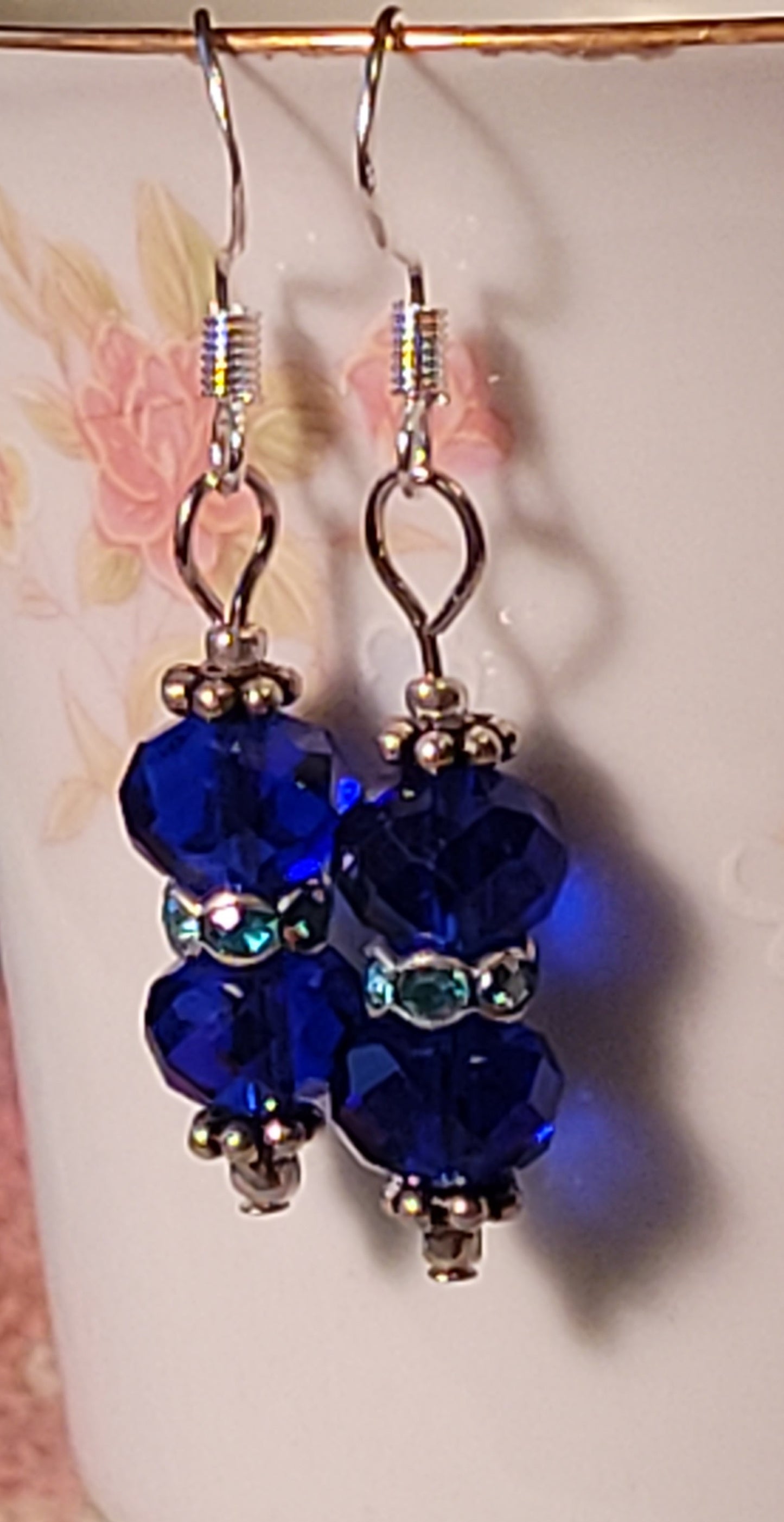 Artisan Royal Blue Crystal Dangle Drop Silvertone Earrings French Wire