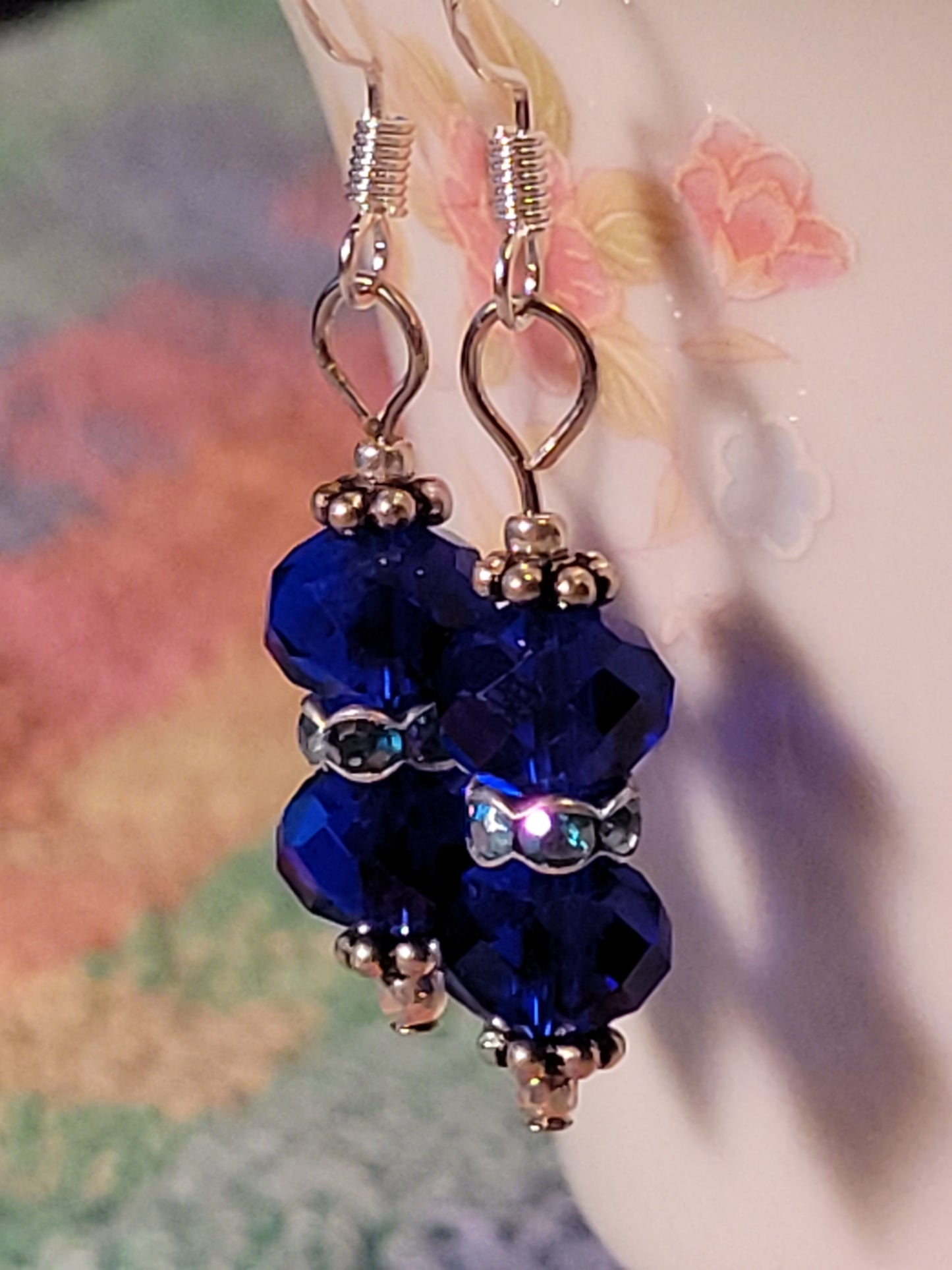 Artisan Royal Blue Crystal Dangle Drop Silvertone Earrings French Wire