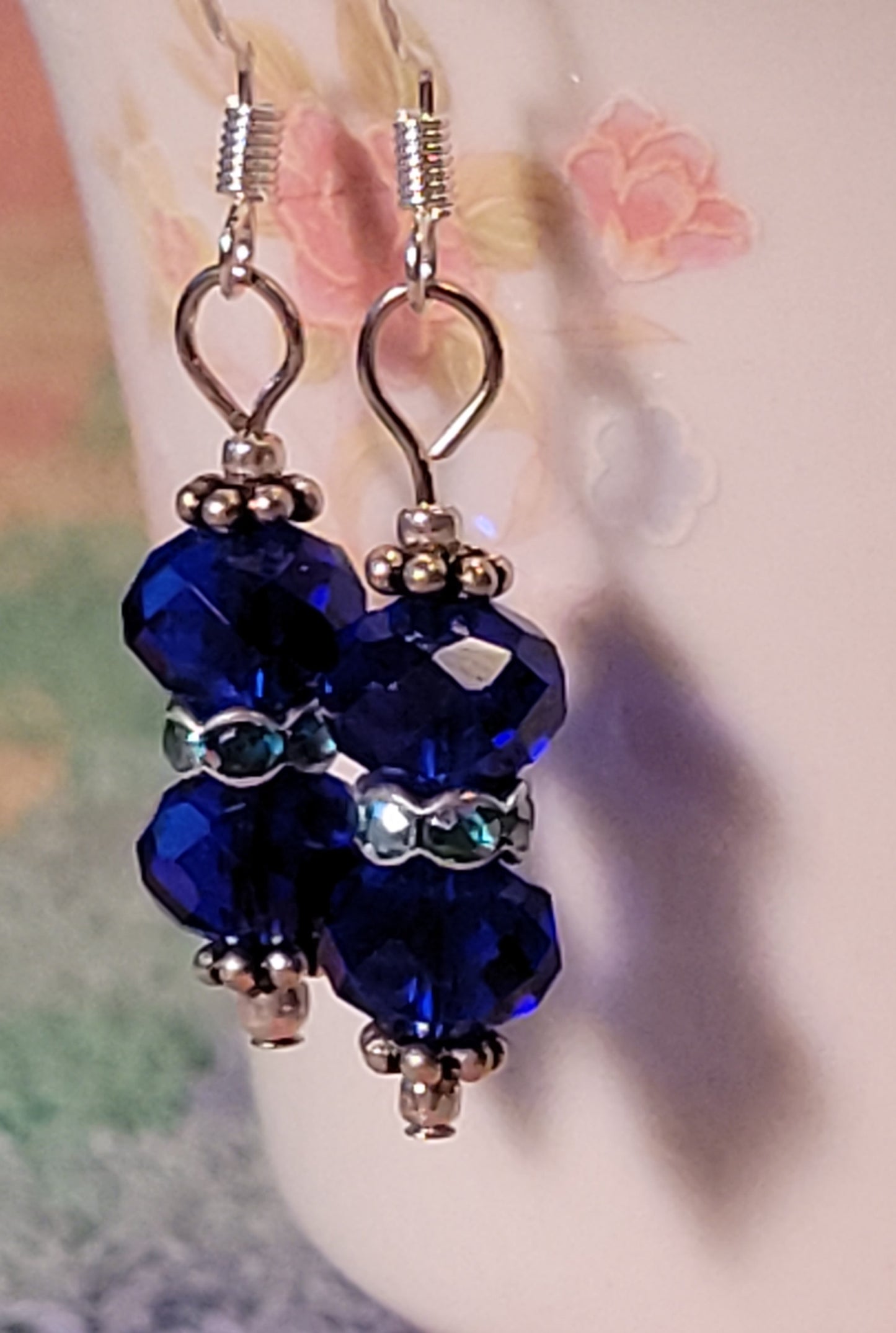 Artisan Royal Blue Crystal Dangle Drop Silvertone Earrings French Wire