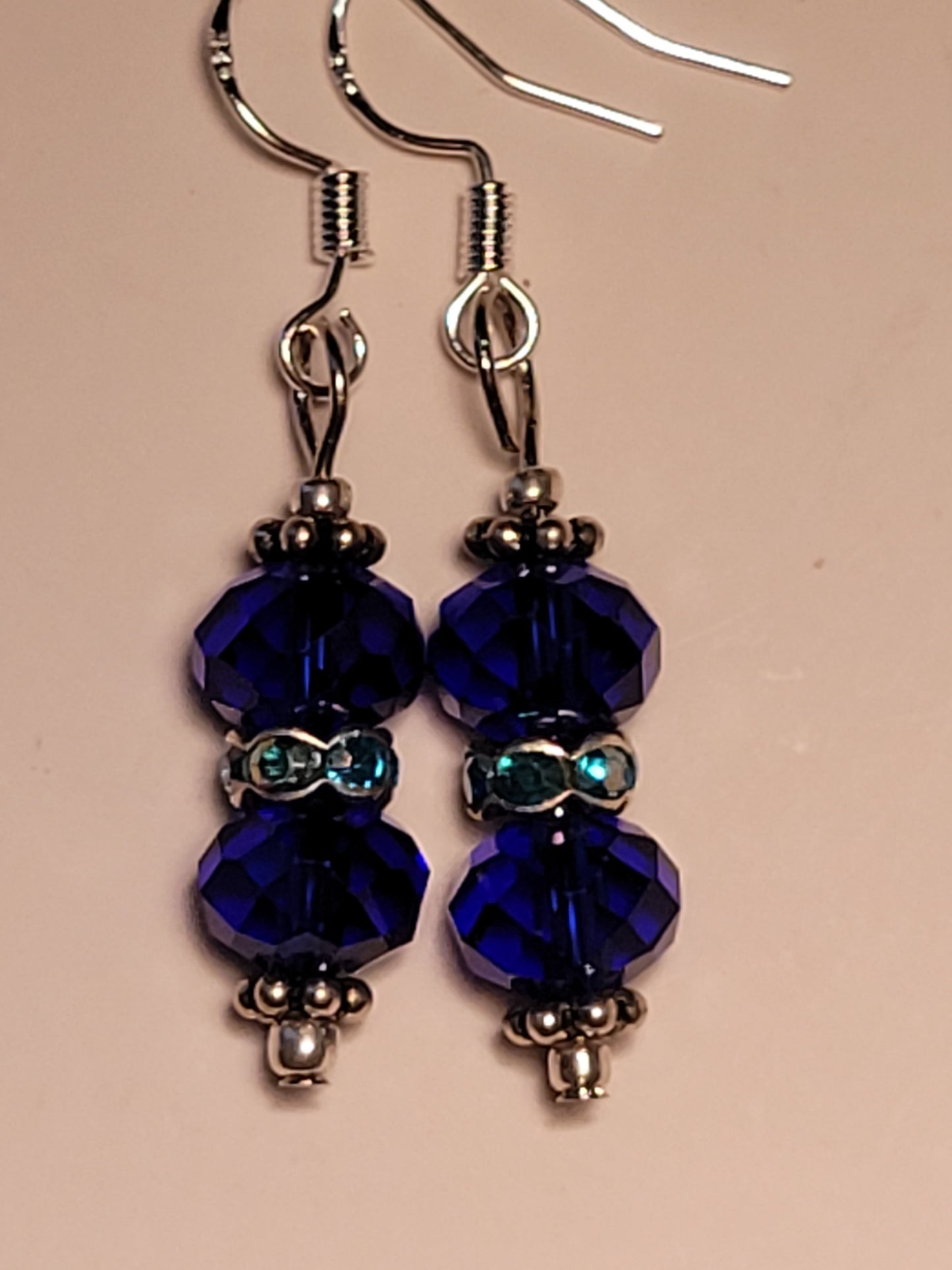 Artisan Royal Blue Crystal Dangle Drop Silvertone Earrings French Wire