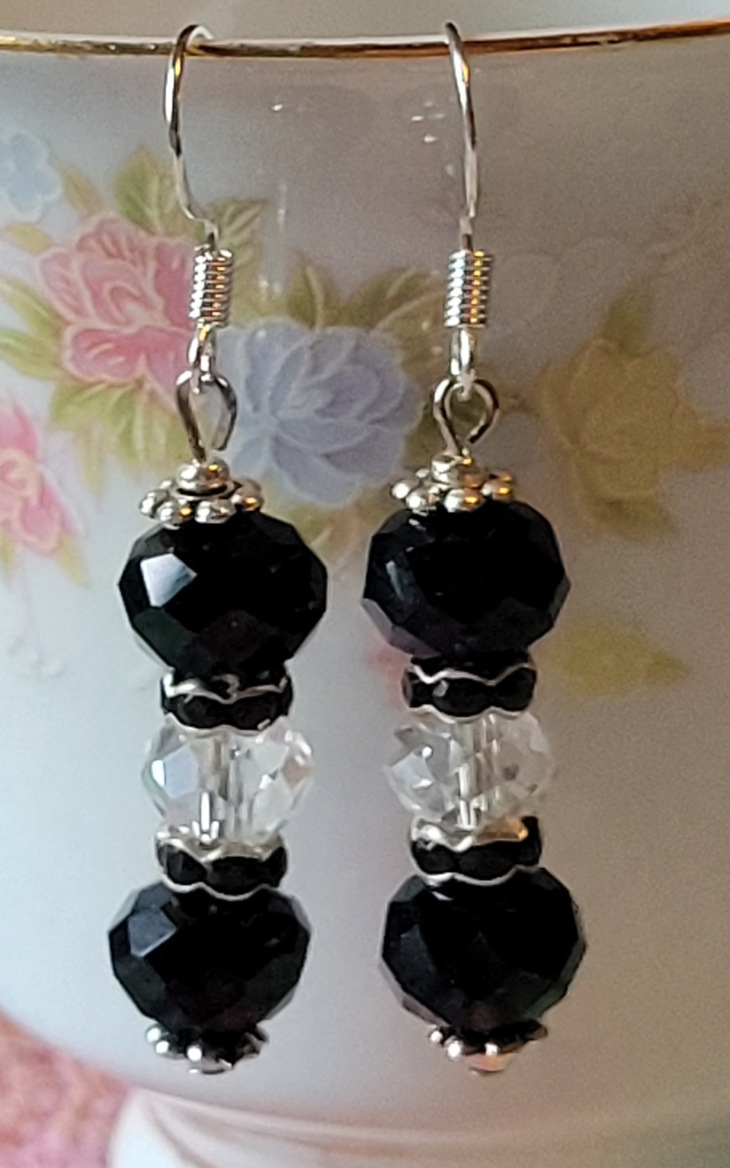 Artisan Elegant Black/Clear Crystal Dangle Drop Silvertone Fashion Earrings French Wire