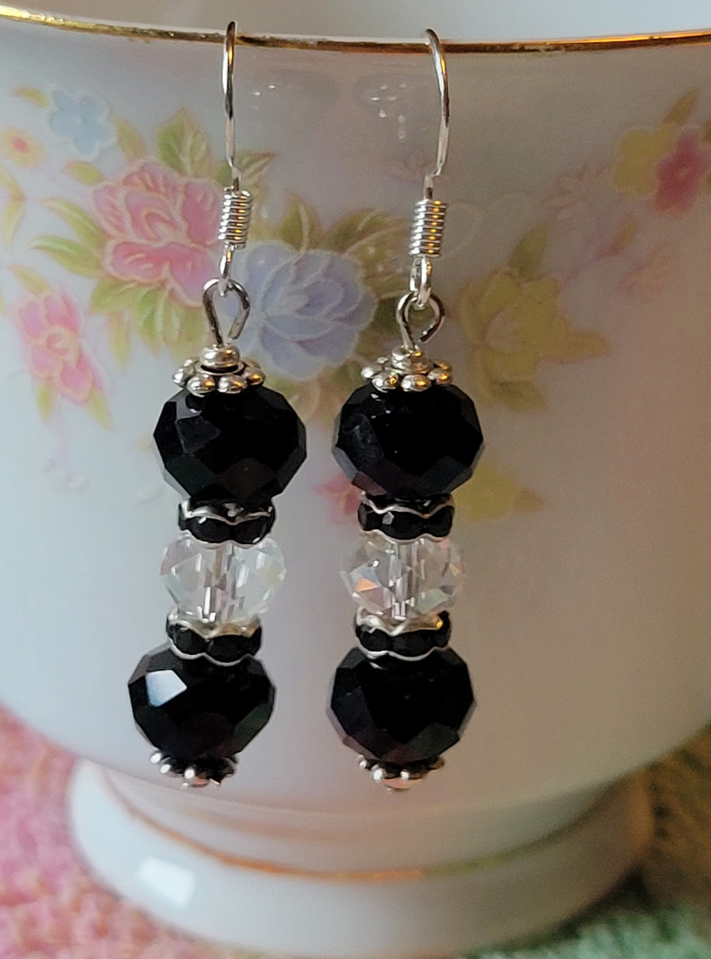 Artisan Elegant Black/Clear Crystal Dangle Drop Silvertone Fashion Earrings French Wire