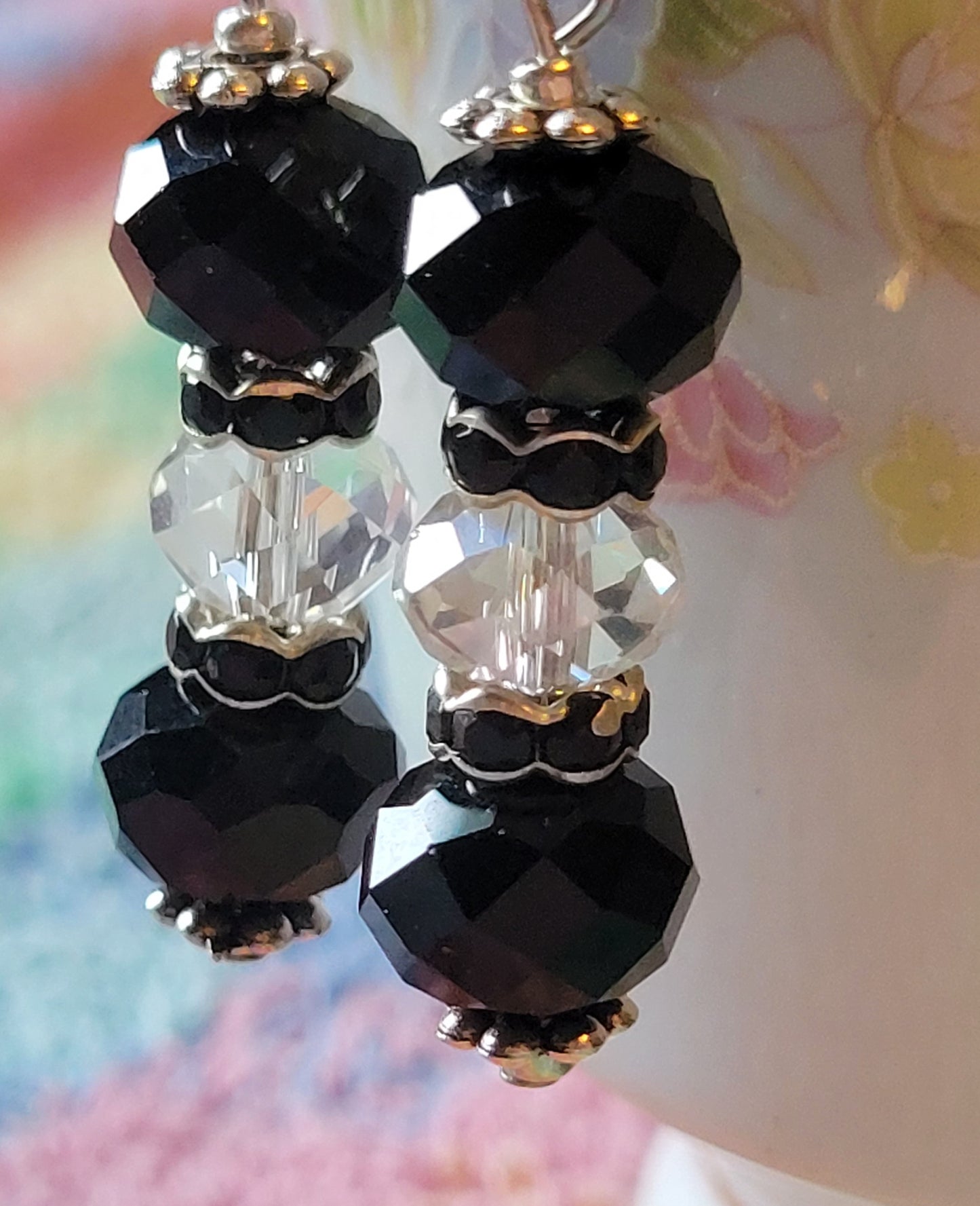 Artisan Elegant Black/Clear Crystal Dangle Drop Silvertone Fashion Earrings French Wire