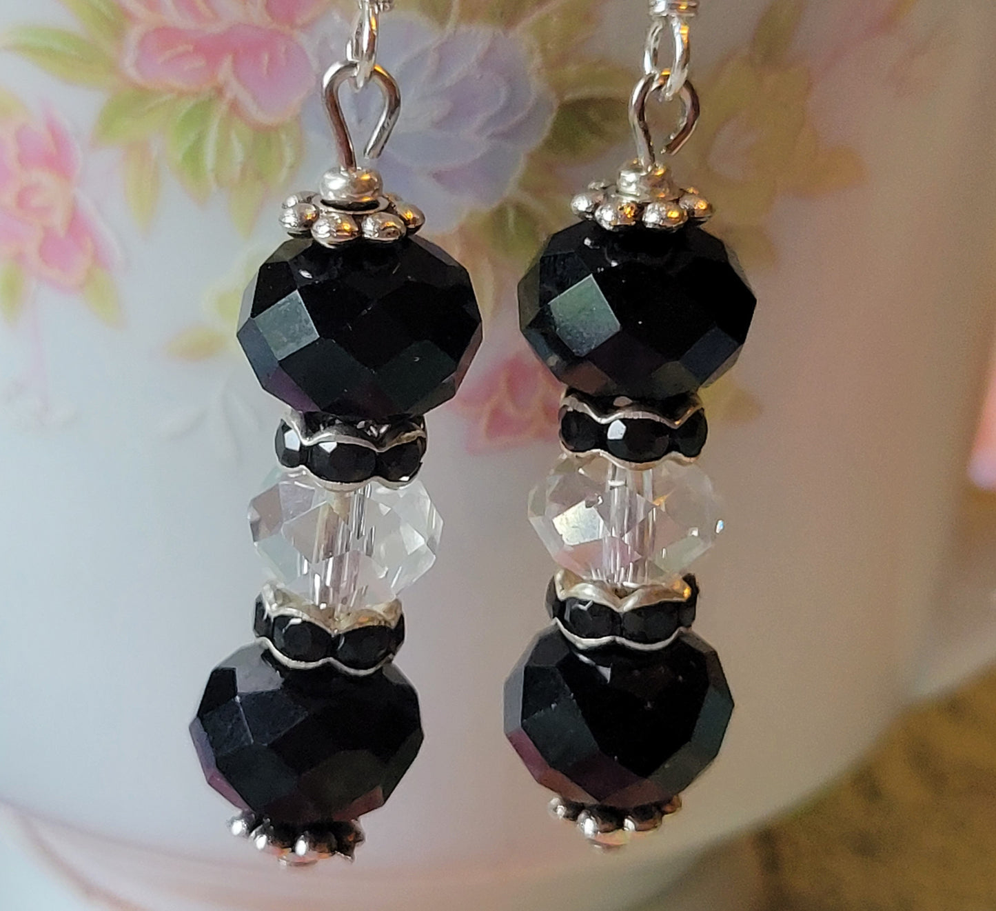 Artisan Elegant Black/Clear Crystal Dangle Drop Silvertone Fashion Earrings French Wire