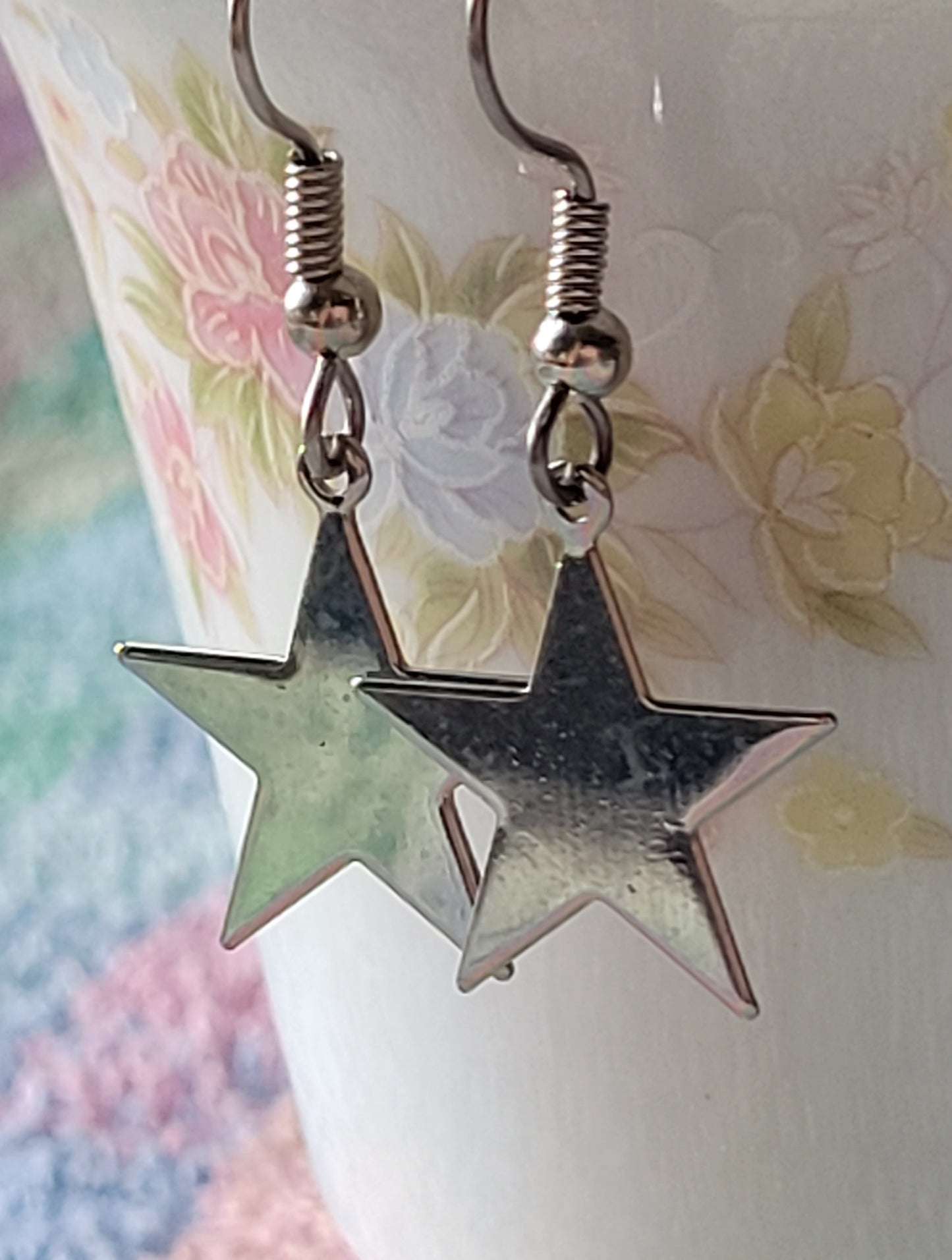 STAR Dangle Drop French Wire Tibetan Silvertone Fashion Earrings