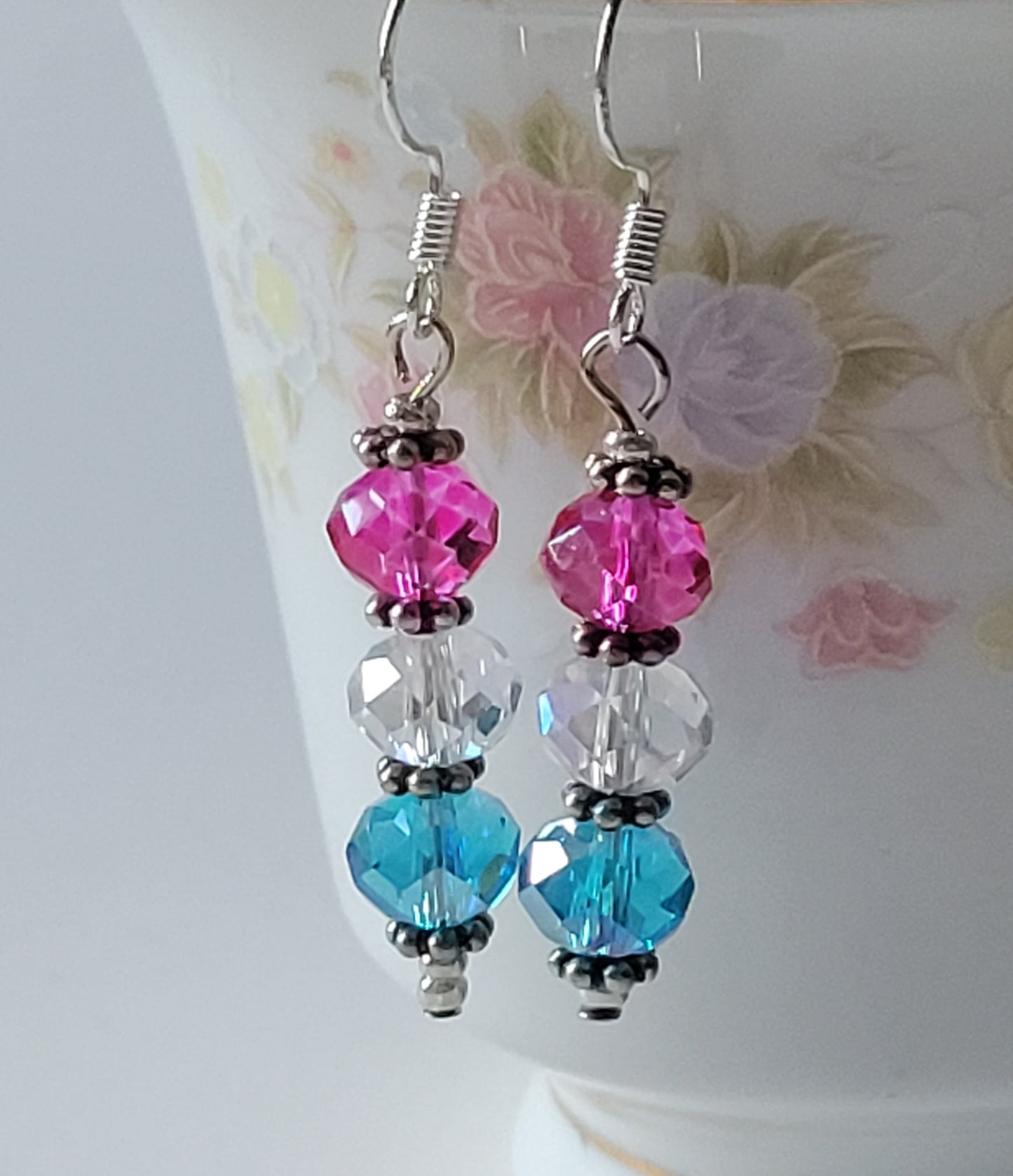 Artisan Elegant PINK & BLUE Crystal Dangle Drop Silver Tone Fashion Earrings