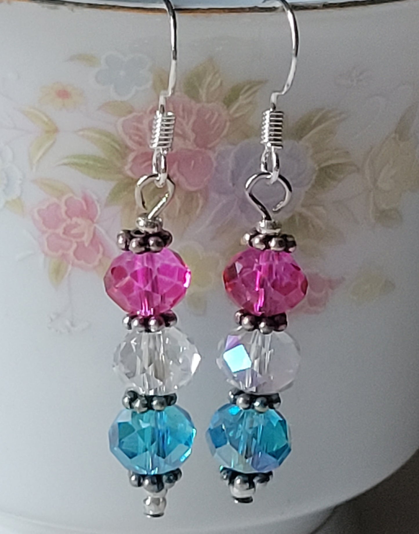 Artisan Elegant PINK & BLUE Crystal Dangle Drop Silver Tone Fashion Earrings