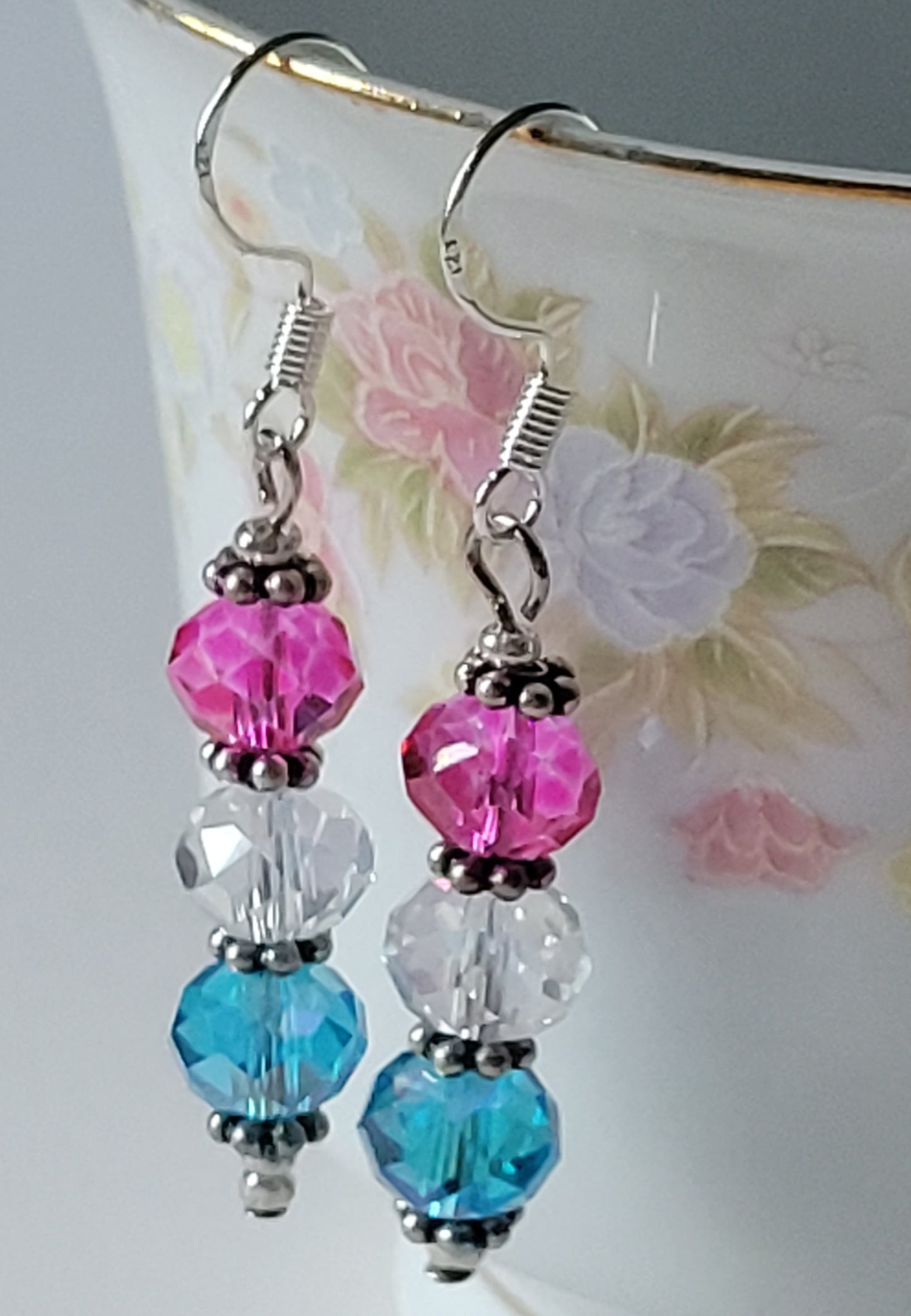 Artisan Elegant PINK & BLUE Crystal Dangle Drop Silver Tone Fashion Earrings