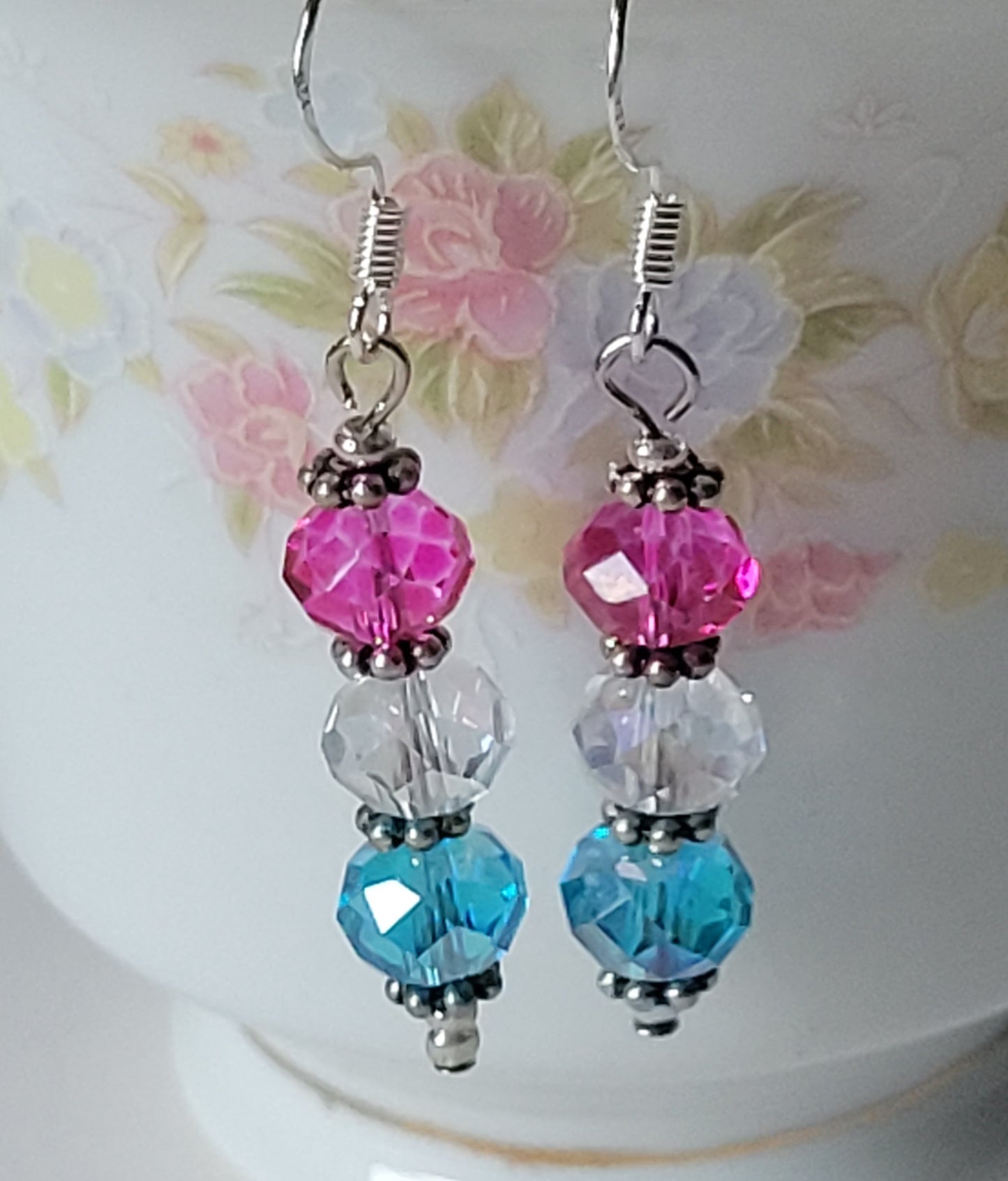 Artisan Elegant PINK & BLUE Crystal Dangle Drop Silver Tone Fashion Earrings