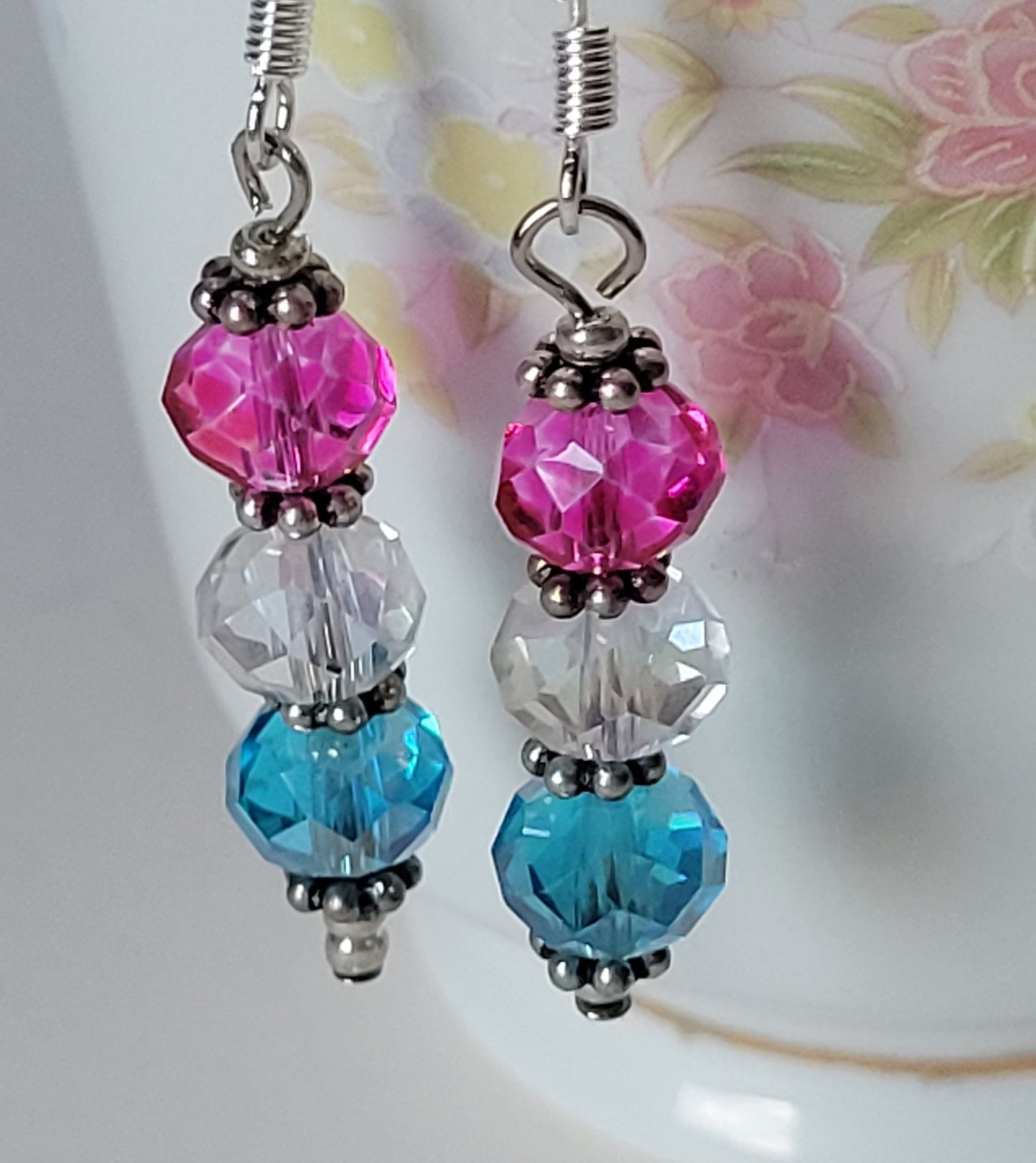 Artisan Elegant PINK & BLUE Crystal Dangle Drop Silver Tone Fashion Earrings