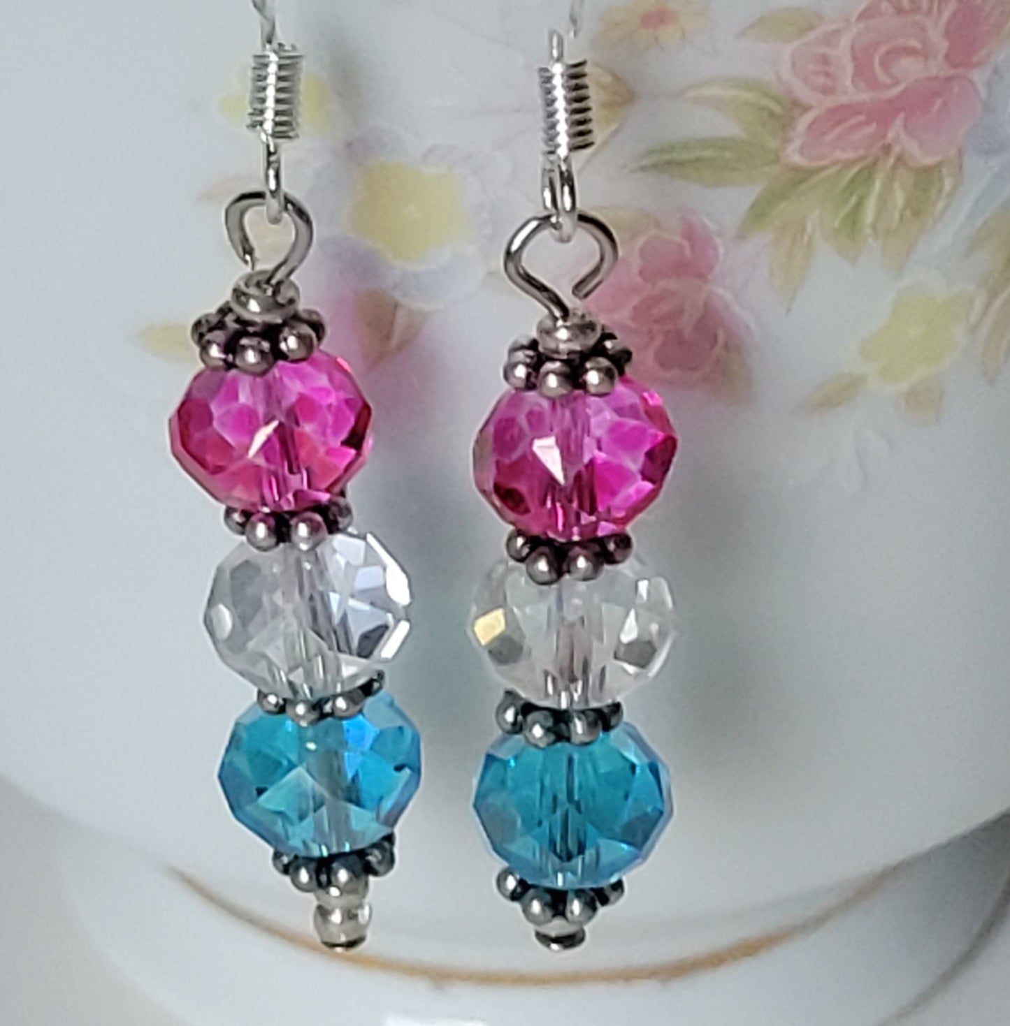 Artisan Elegant PINK & BLUE Crystal Dangle Drop Silver Tone Fashion Earrings