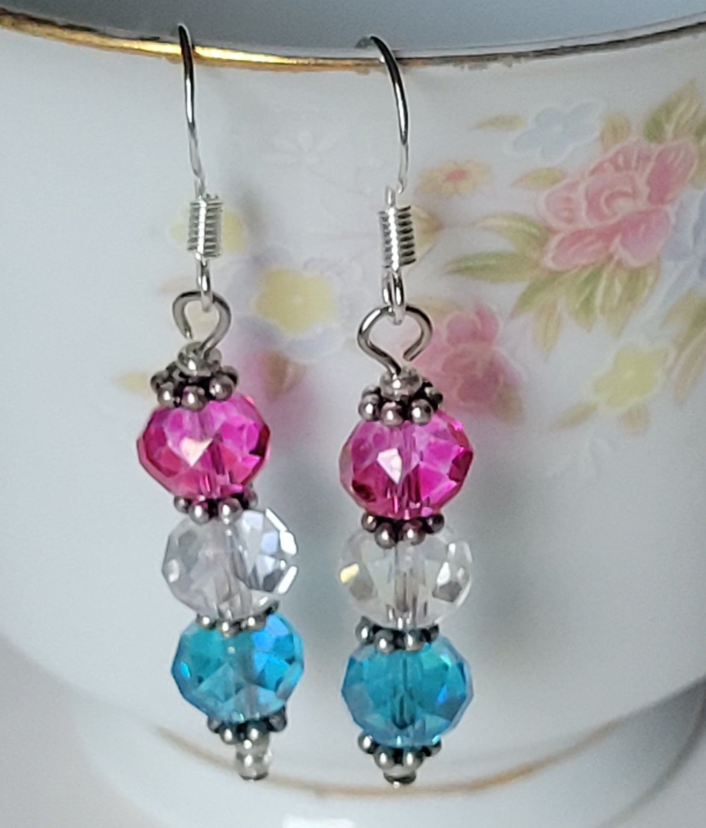 Artisan Elegant PINK & BLUE Crystal Dangle Drop Silver Tone Fashion Earrings