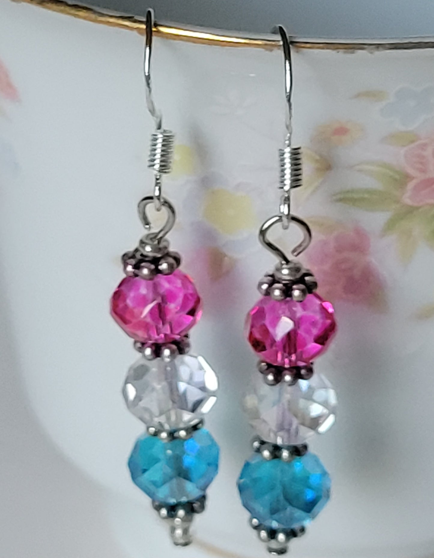 Artisan Elegant PINK & BLUE Crystal Dangle Drop Silver Tone Fashion Earrings