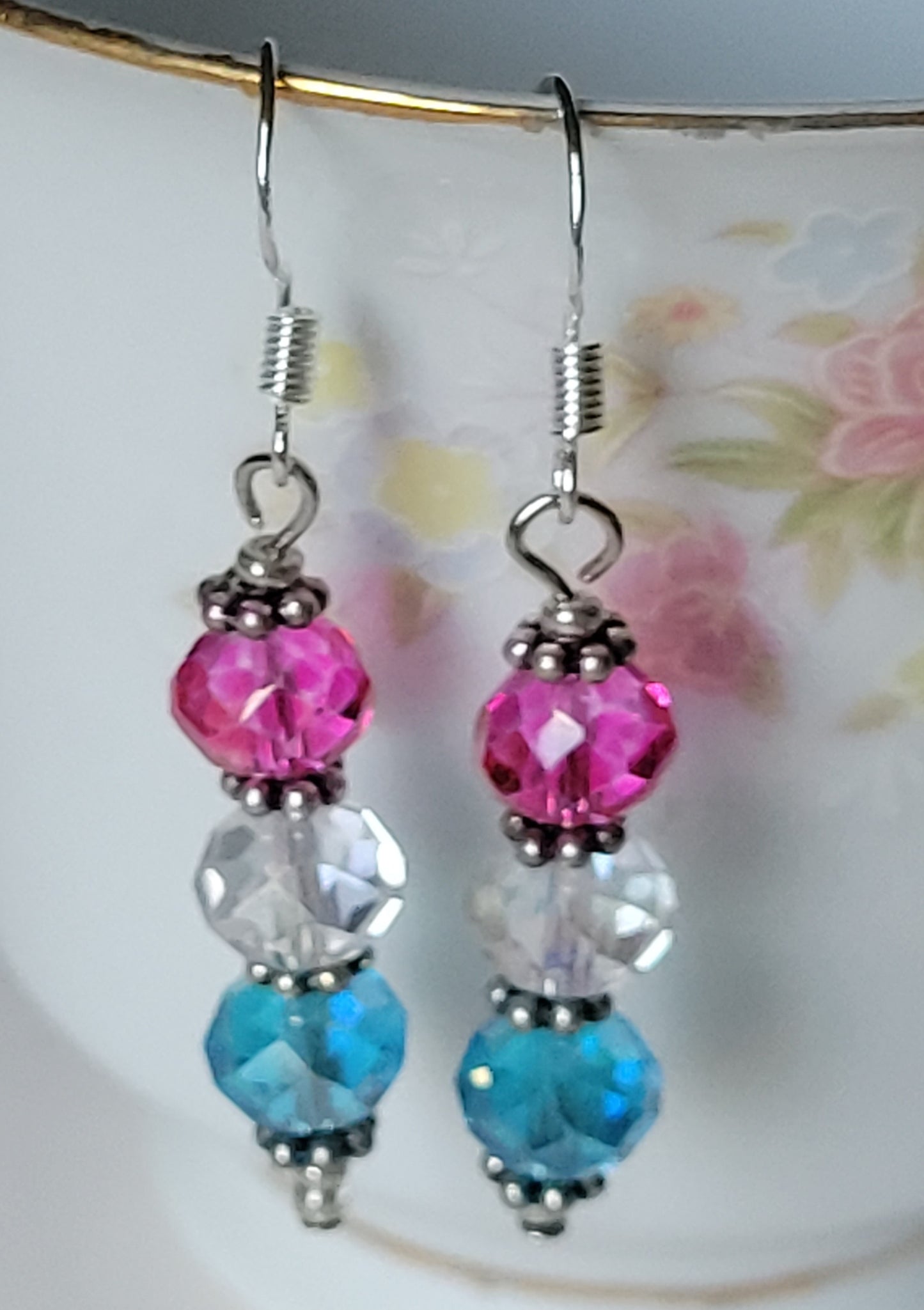 Artisan Elegant PINK & BLUE Crystal Dangle Drop Silver Tone Fashion Earrings