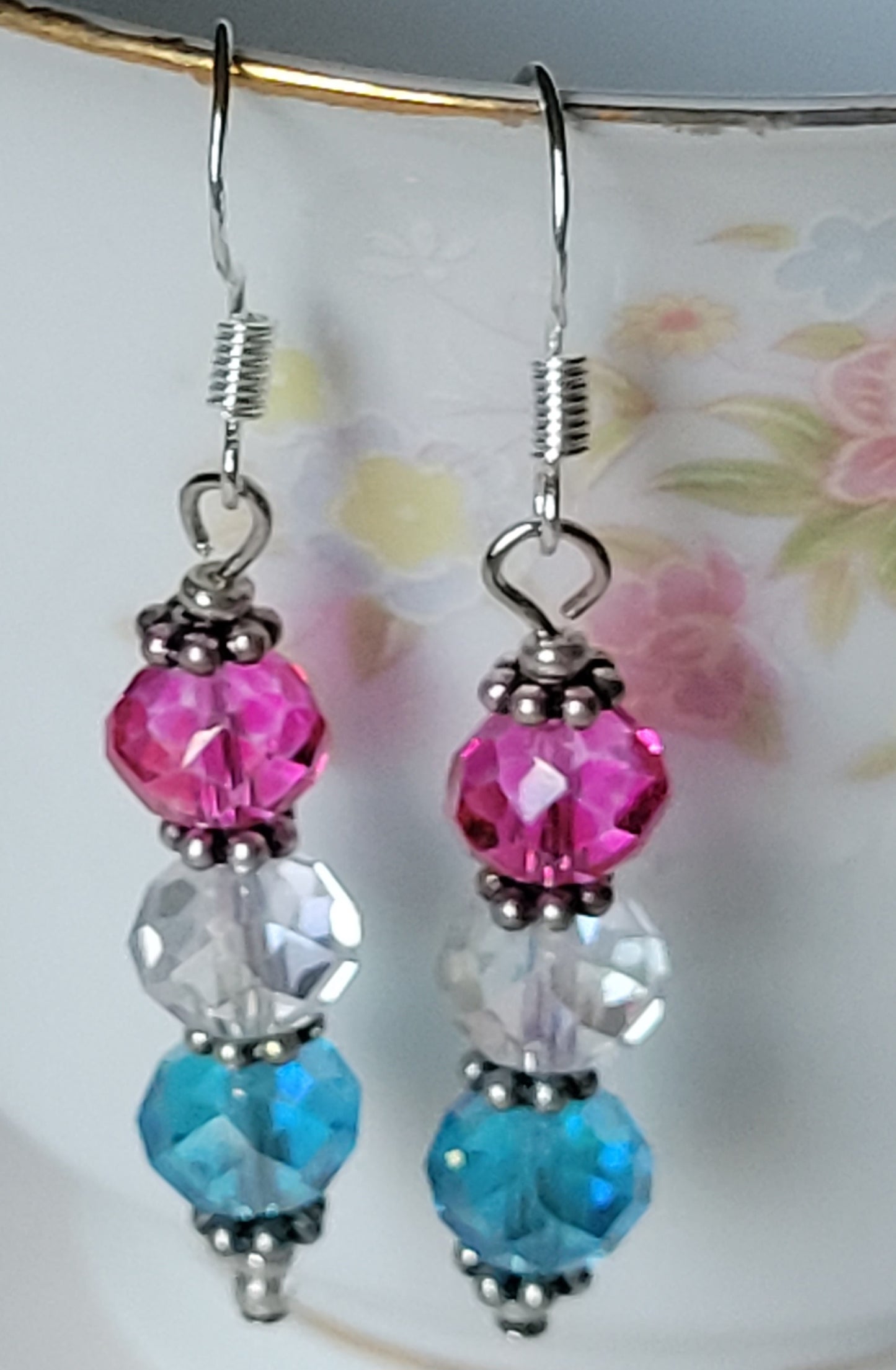 Artisan Elegant PINK & BLUE Crystal Dangle Drop Silver Tone Fashion Earrings