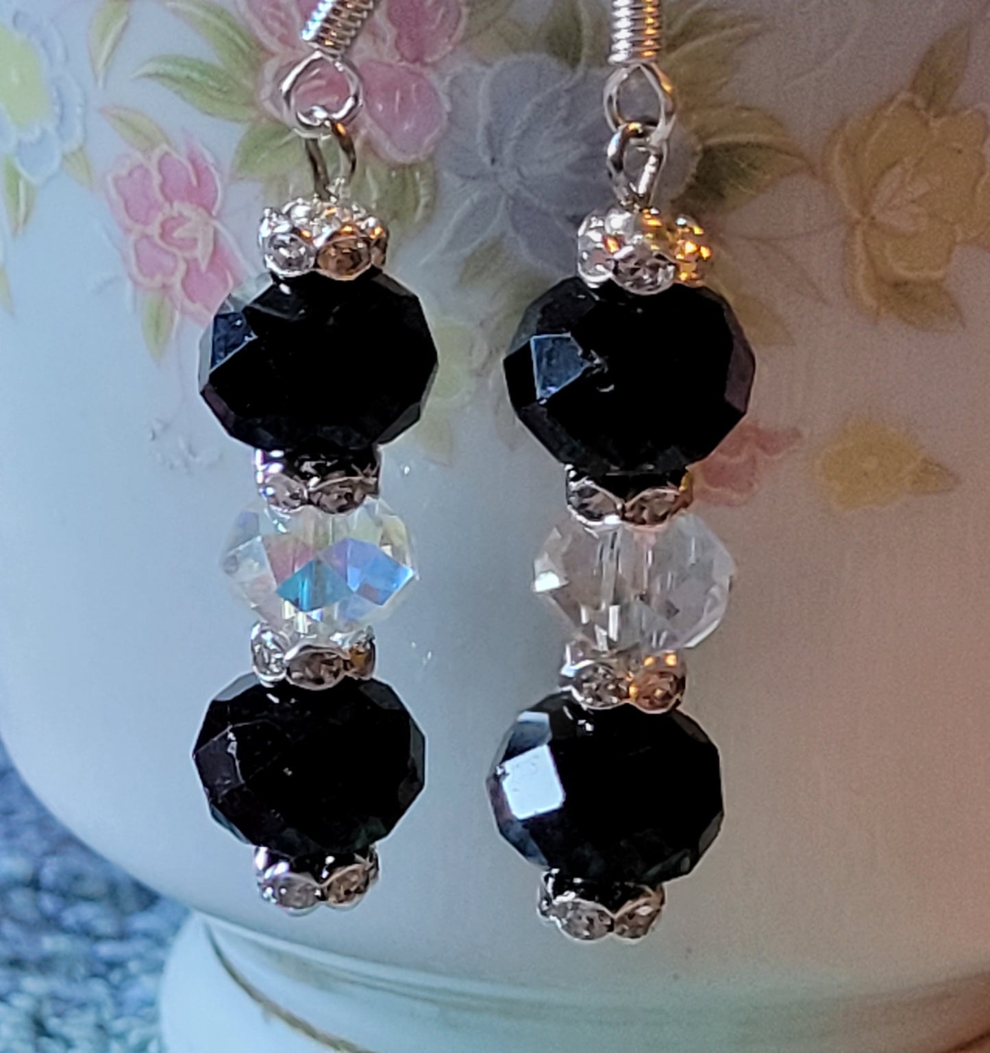 Artisan Elegant Black Crystal Dangle Drop Silver Earrings French Wire