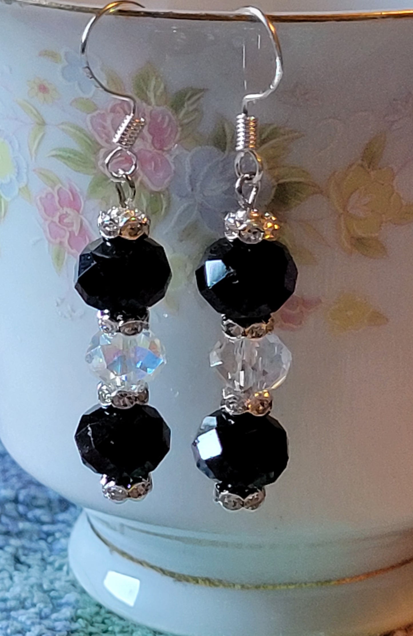 Artisan Elegant Black Crystal Dangle Drop Silver Earrings French Wire