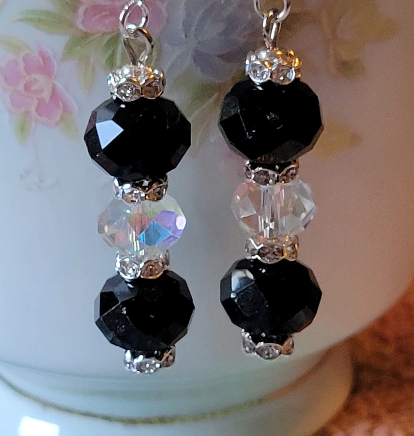 Artisan Elegant Black Crystal Dangle Drop Silver Earrings French Wire