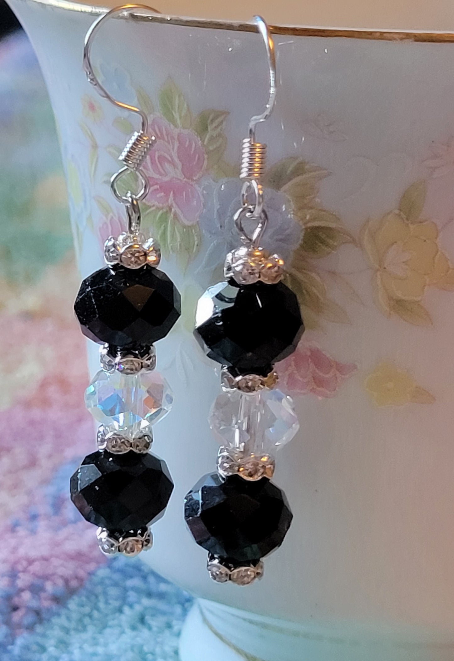 Artisan Elegant Black Crystal Dangle Drop Silver Earrings French Wire