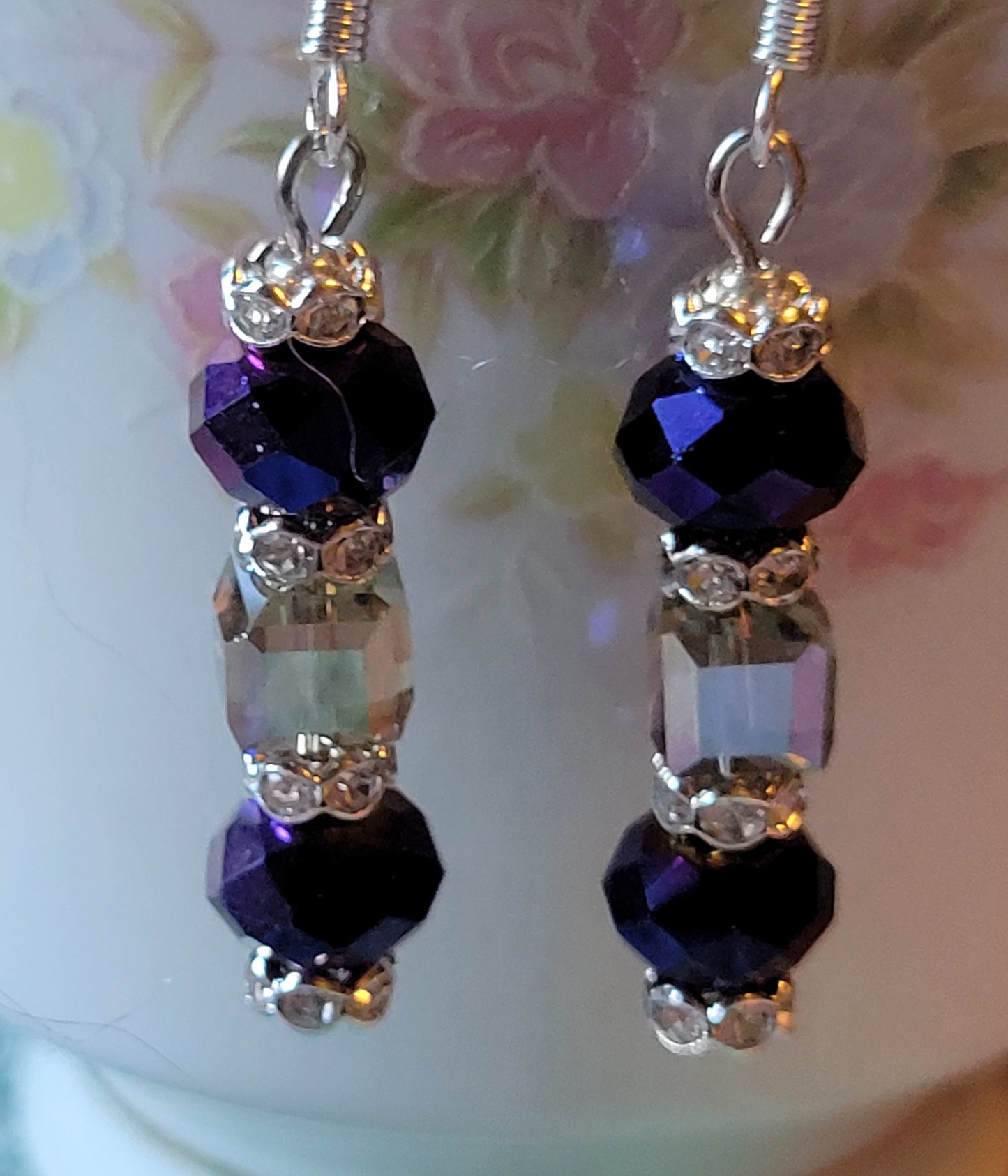 Artisan Elegant PURPLE Crystal Dangle Drop Silver Earrings French Wire