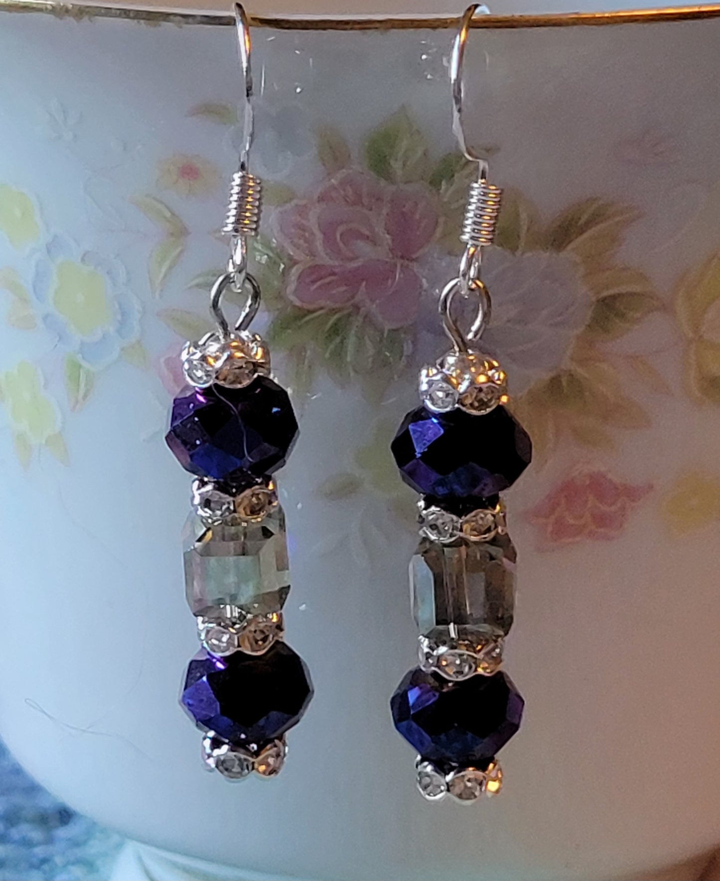 Artisan Elegant PURPLE Crystal Dangle Drop Silver Earrings French Wire