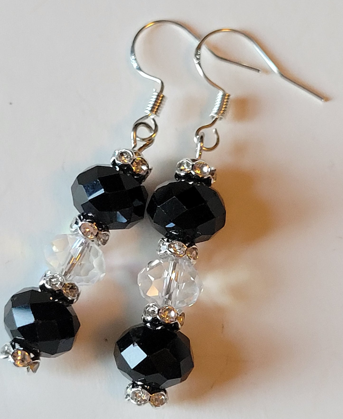 Artisan Elegant Black Crystal Dangle Drop Silver Earrings French Wire
