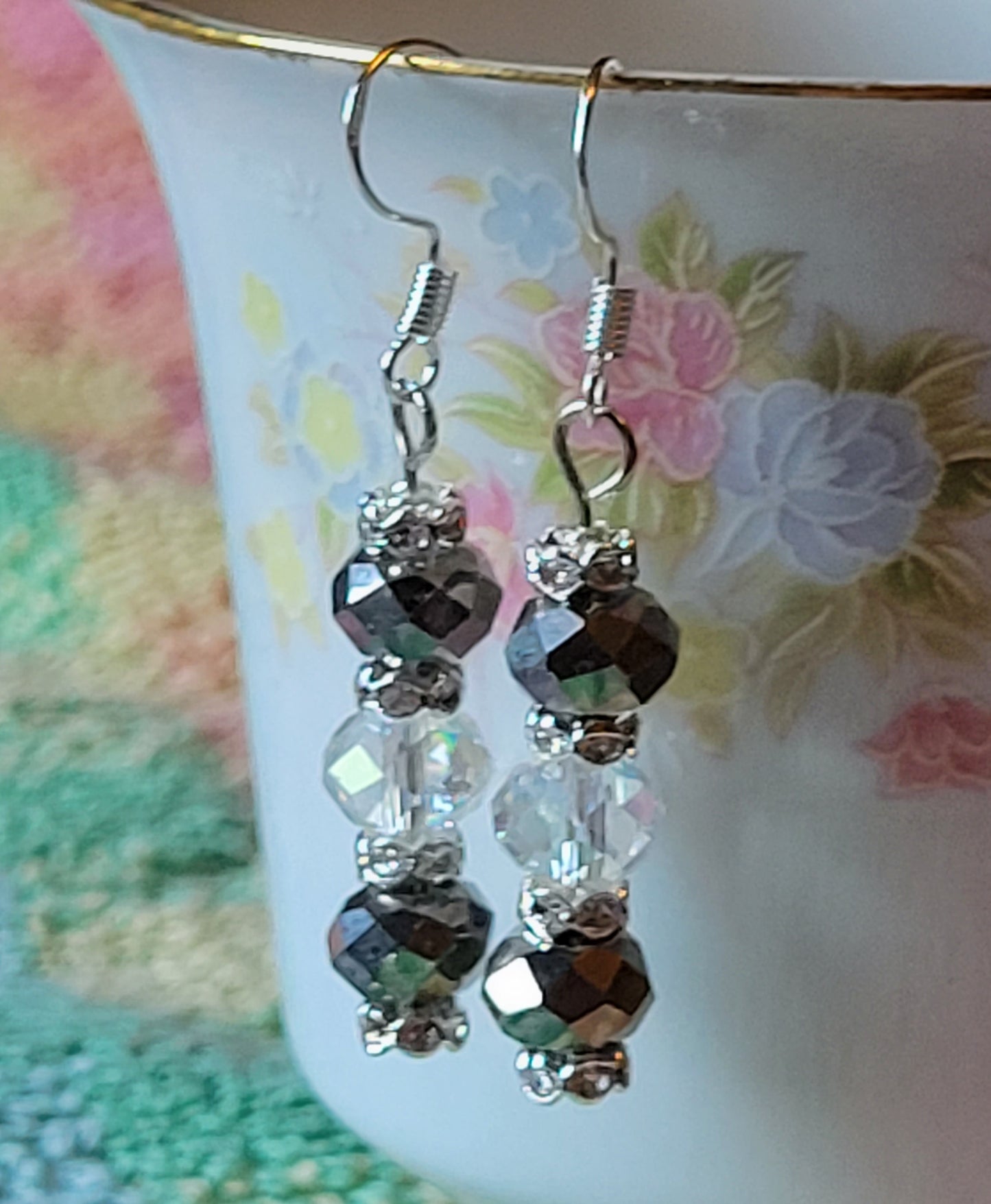 Artisan Elegant GRAY Crystal Dangle Drop Silver Earrings French Wire
