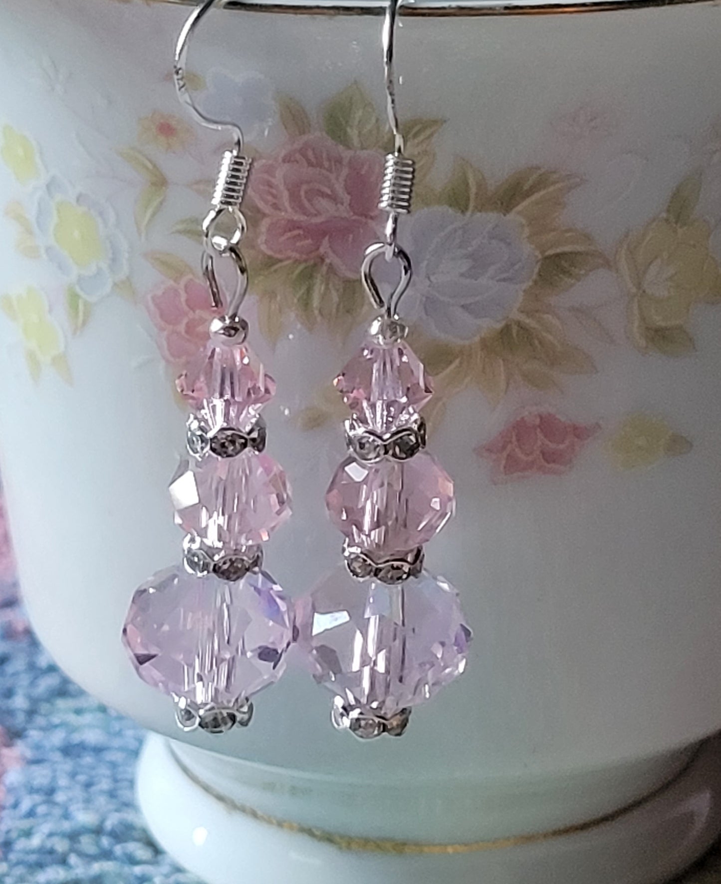 Artisan Elegant PINK Crystal Dangle Drop Silver Earrings French Wire