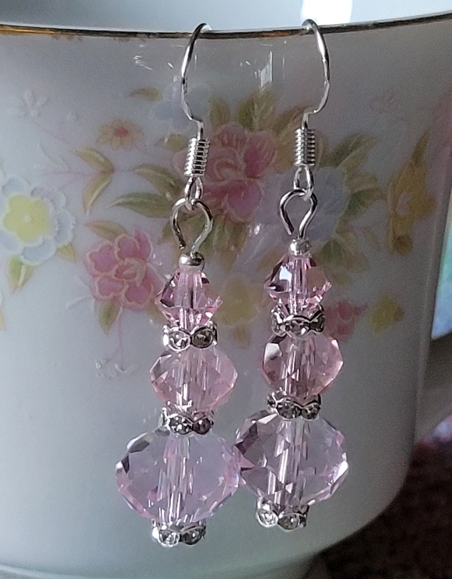 Artisan Elegant PINK Crystal Dangle Drop Silver Earrings French Wire