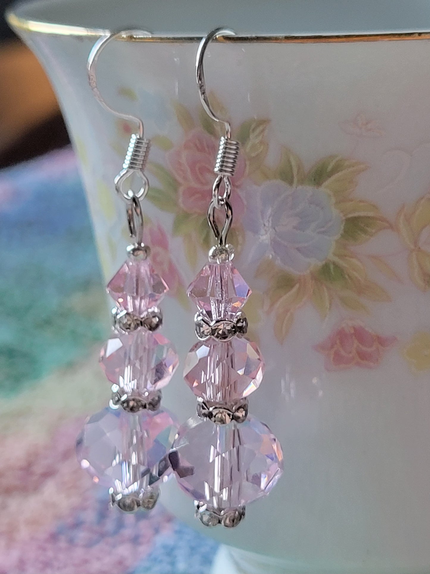Artisan Elegant PINK Crystal Dangle Drop Silver Earrings French Wire