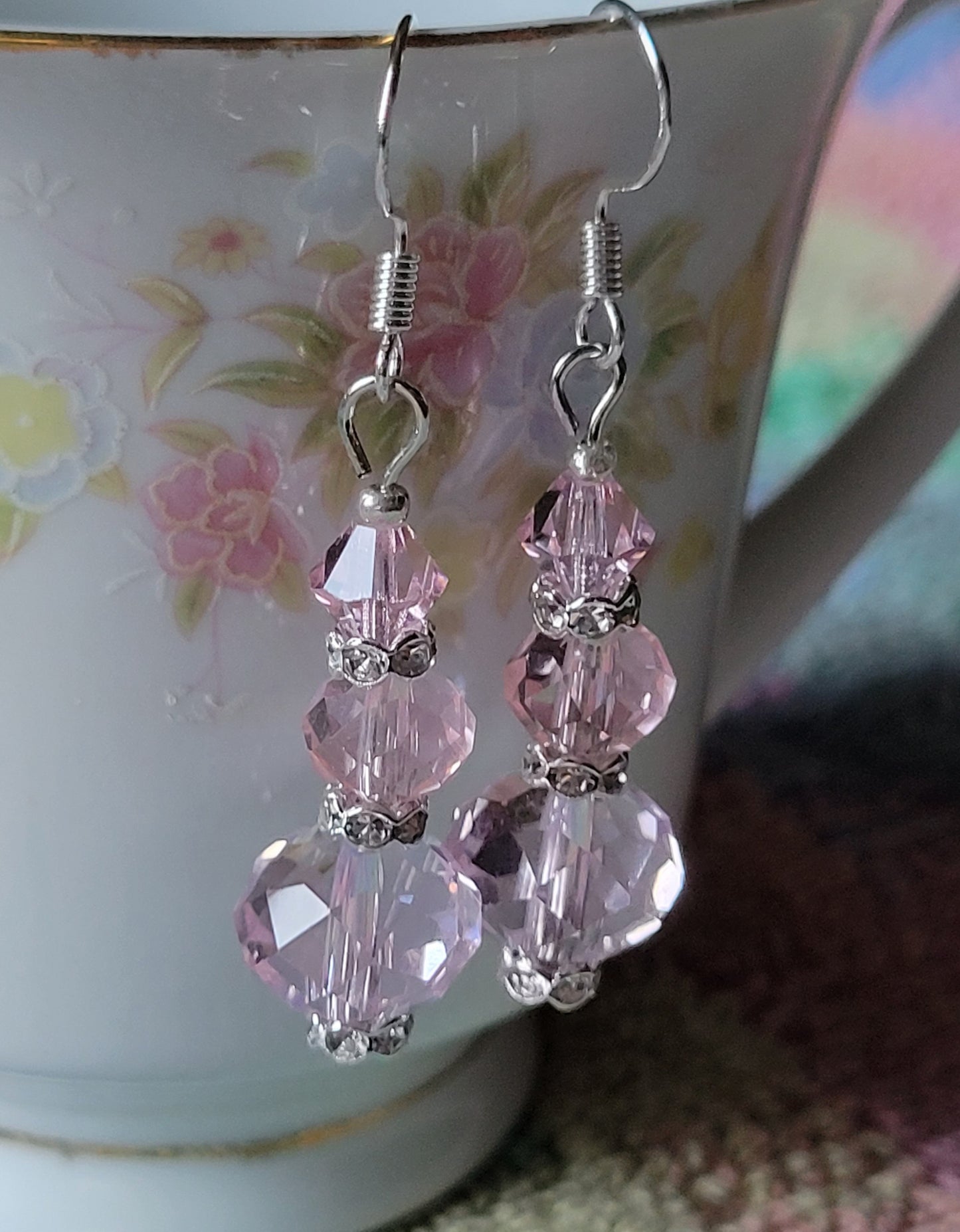 Artisan Elegant PINK Crystal Dangle Drop Silver Earrings French Wire