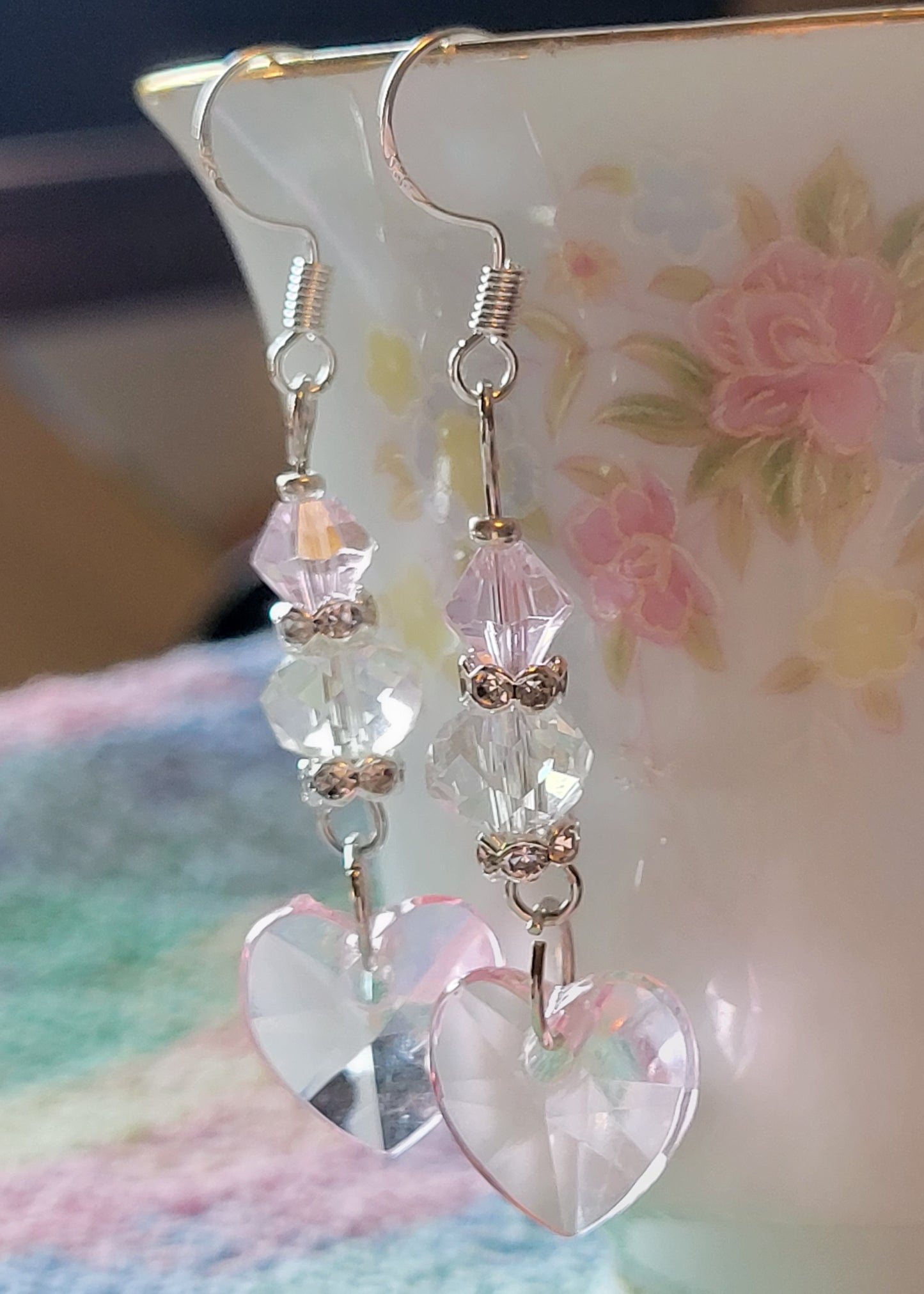 Artisan Elegant PINK HEART Crystal Dangle Drop Earrings French Wire