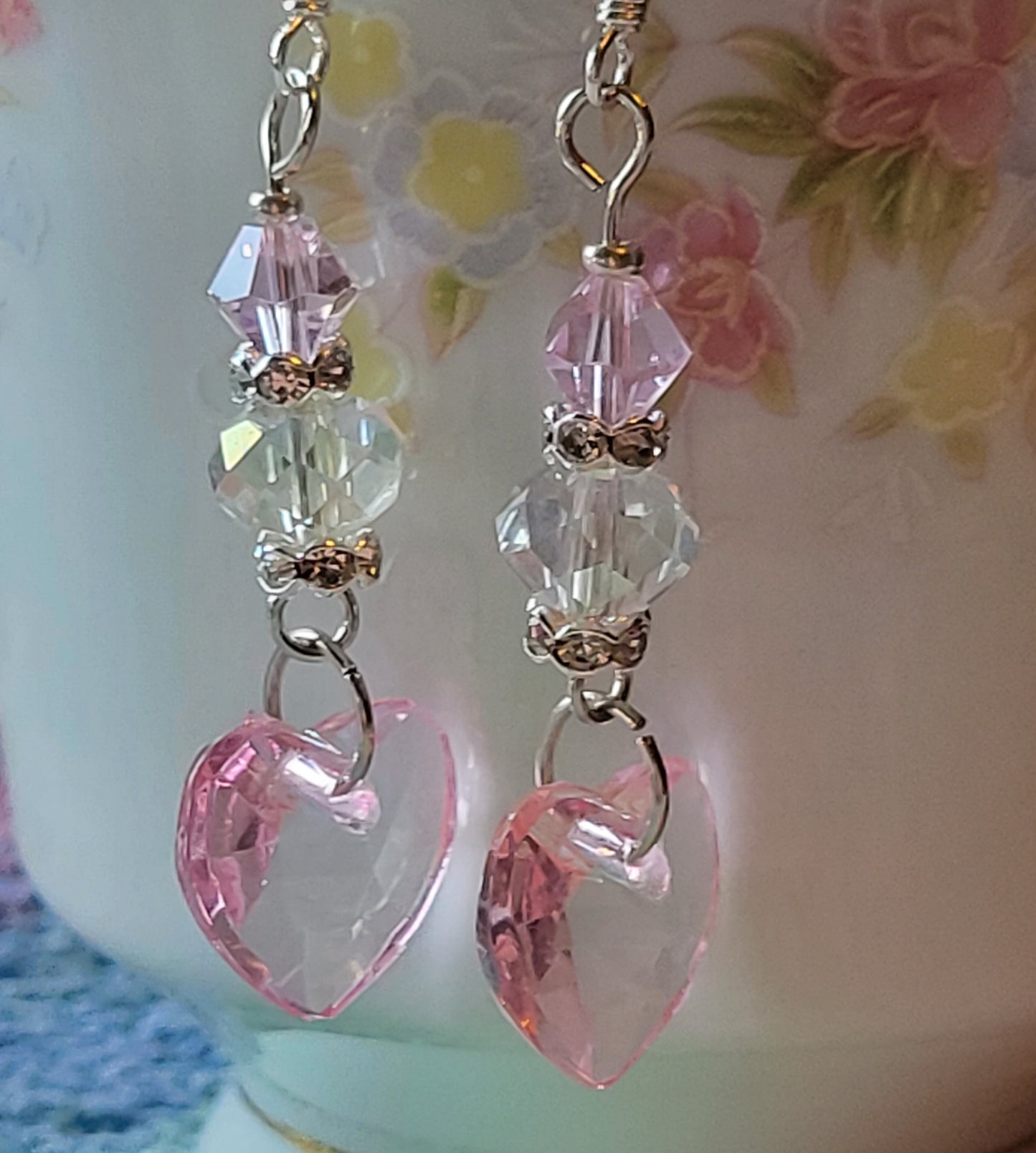 Artisan Elegant PINK HEART Crystal Dangle Drop Earrings French Wire