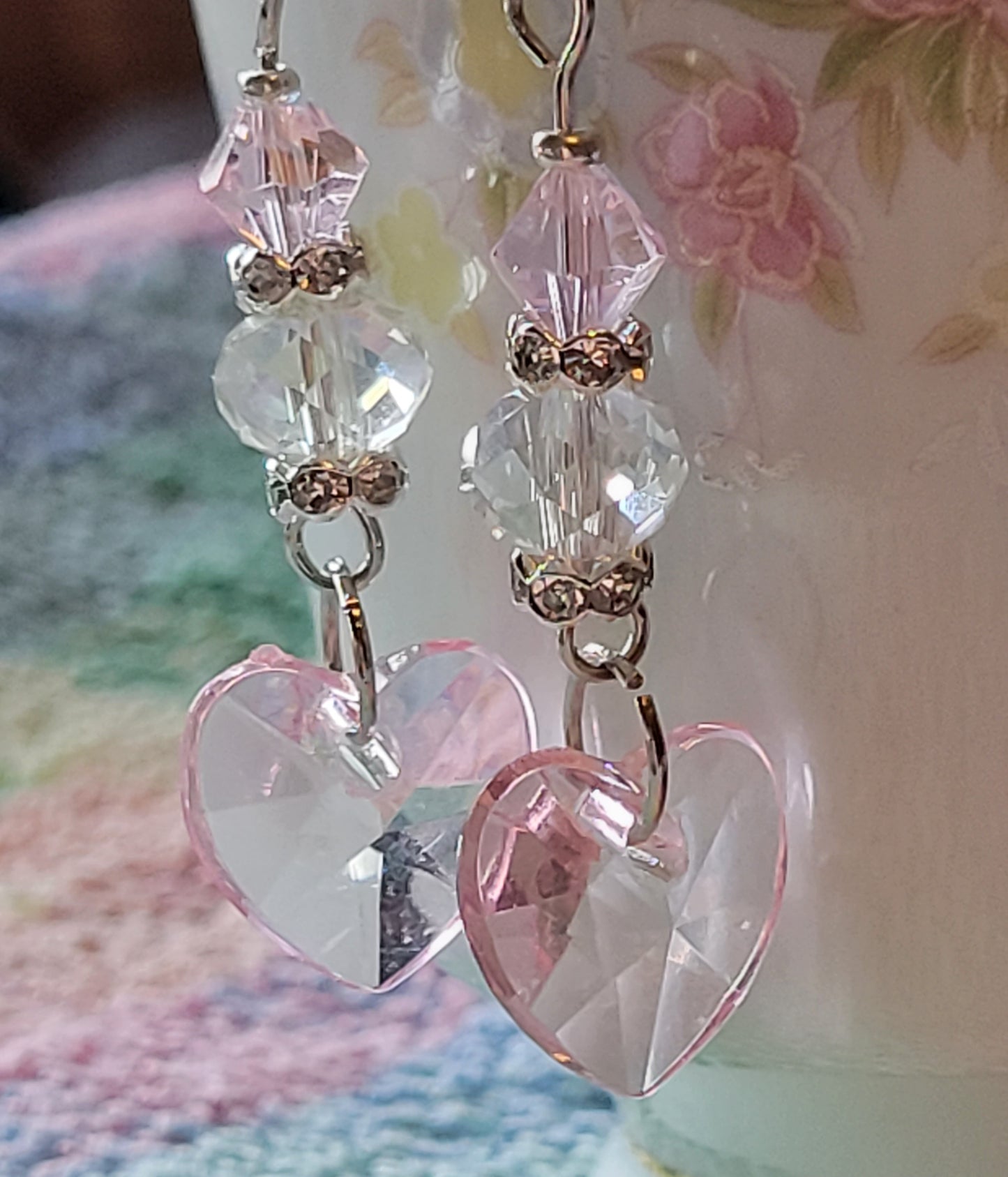 Artisan Elegant PINK HEART Crystal Dangle Drop Earrings French Wire
