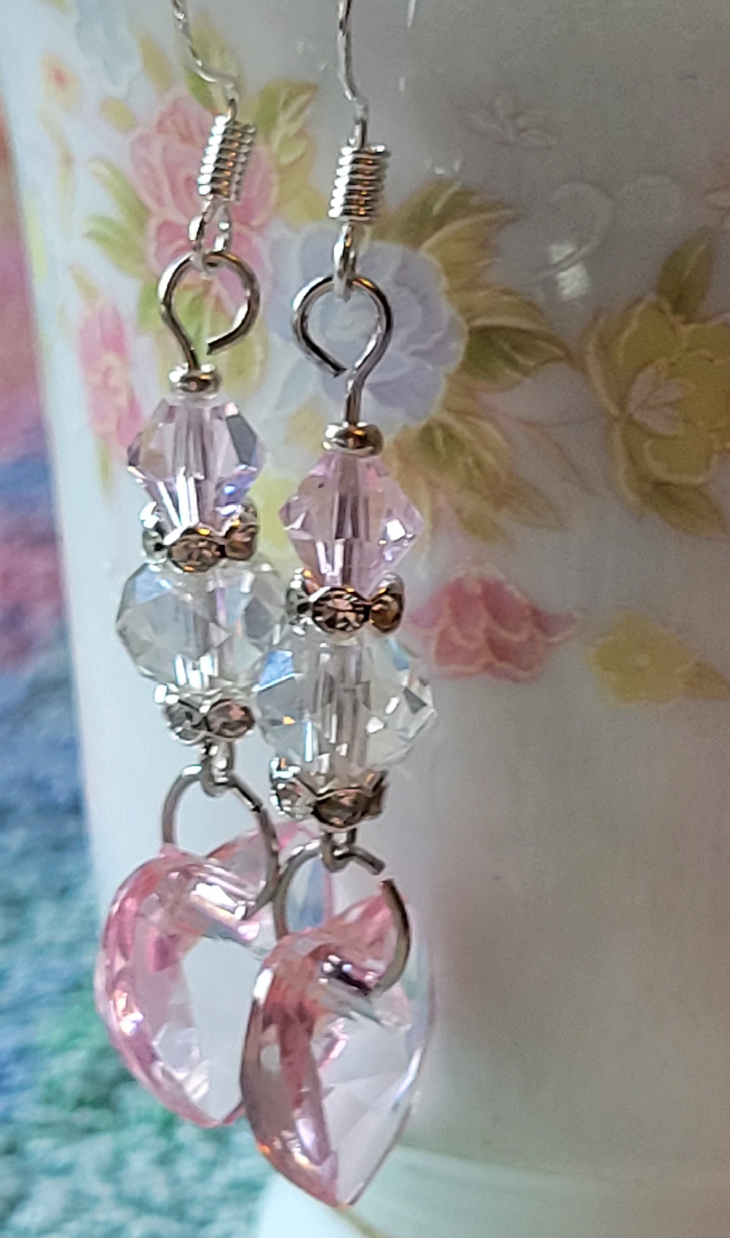 Artisan Elegant PINK HEART Crystal Dangle Drop Earrings French Wire