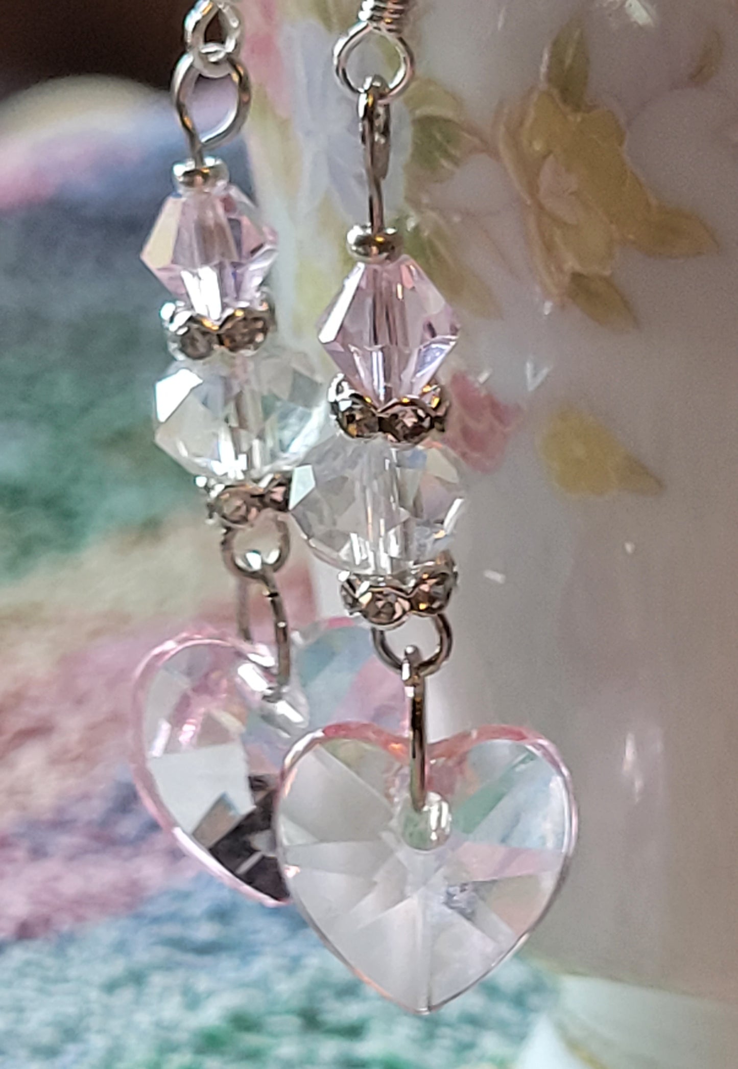 Artisan Elegant PINK HEART Crystal Dangle Drop Earrings French Wire