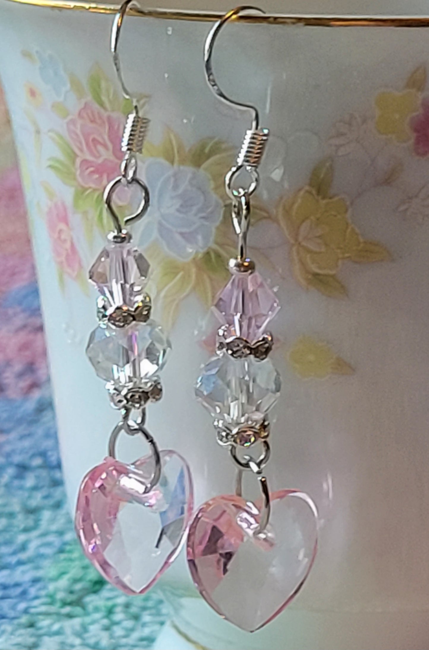 Artisan Elegant PINK HEART Crystal Dangle Drop Earrings French Wire