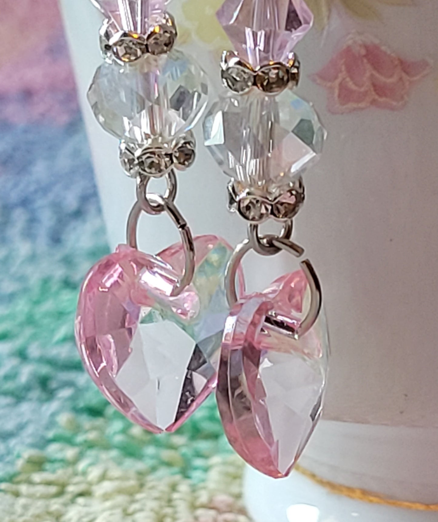 Artisan Elegant PINK HEART Crystal Dangle Drop Earrings French Wire