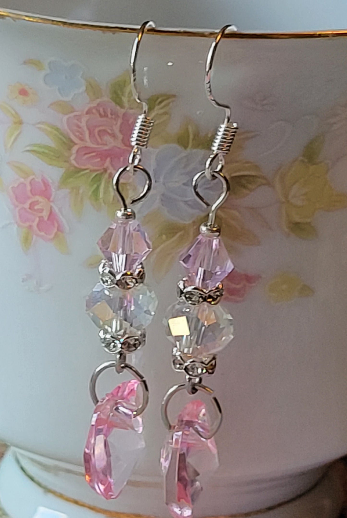 Artisan Elegant PINK HEART Crystal Dangle Drop Earrings French Wire