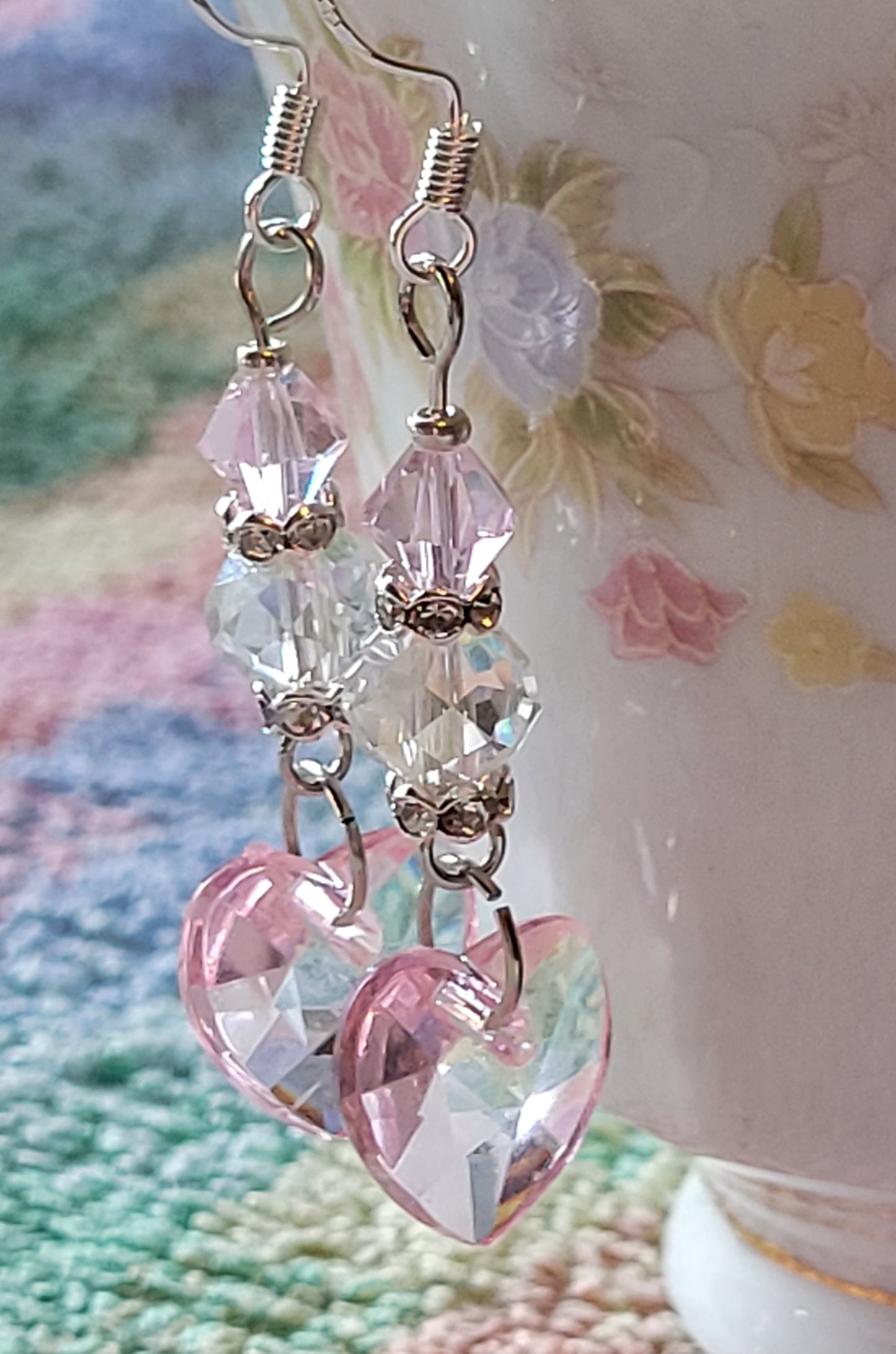 Artisan Elegant PINK HEART Crystal Dangle Drop Earrings French Wire