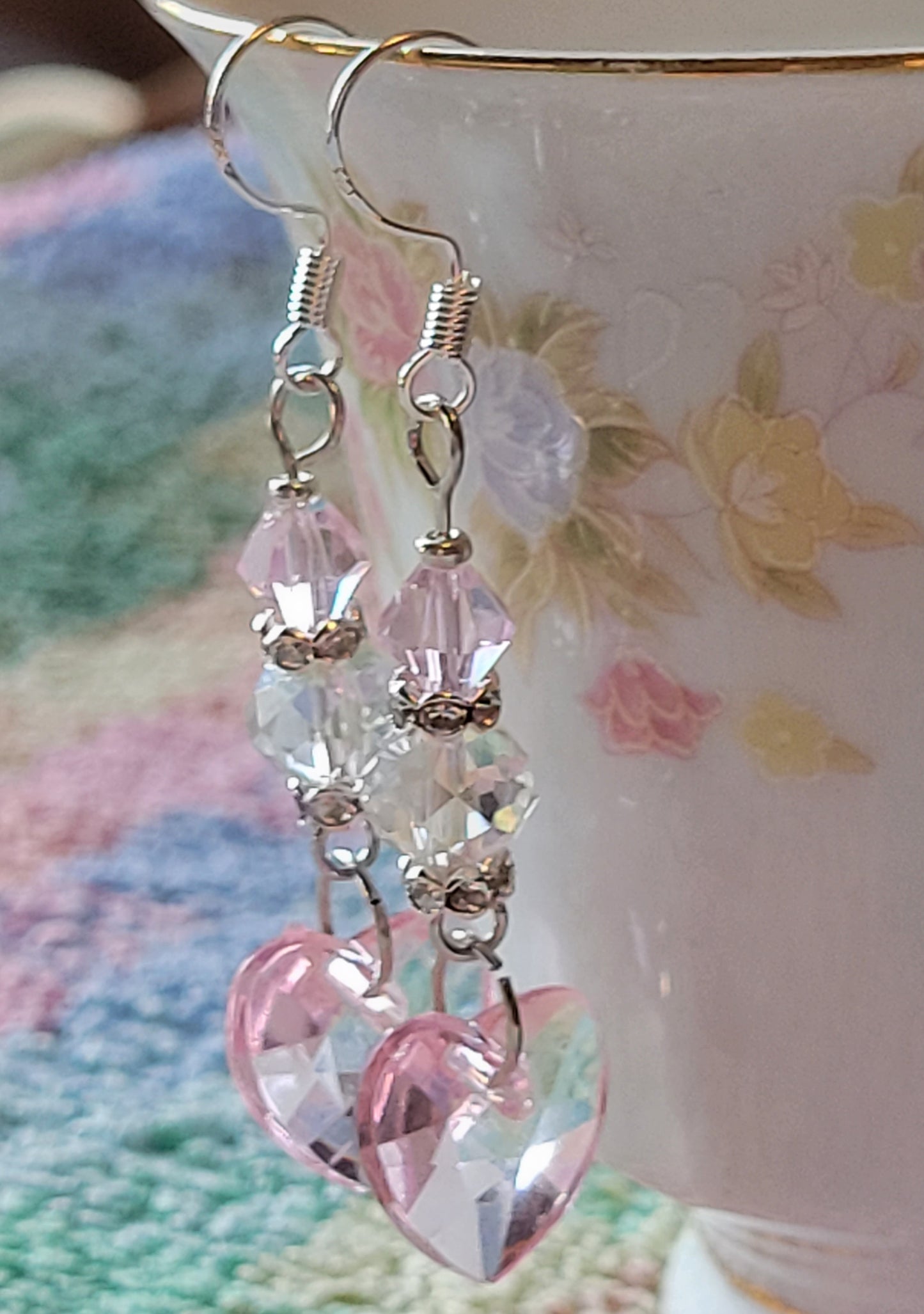 Artisan Elegant PINK HEART Crystal Dangle Drop Earrings French Wire