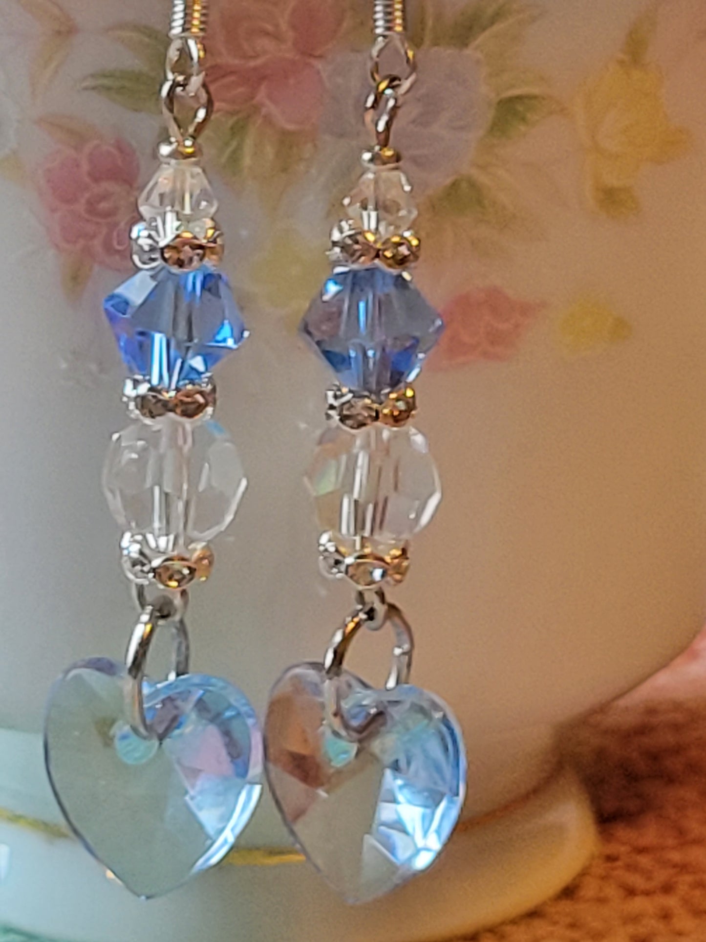 Artisan Elegant BLUE HEART Crystal Dangle Drop Earrings French Wire
